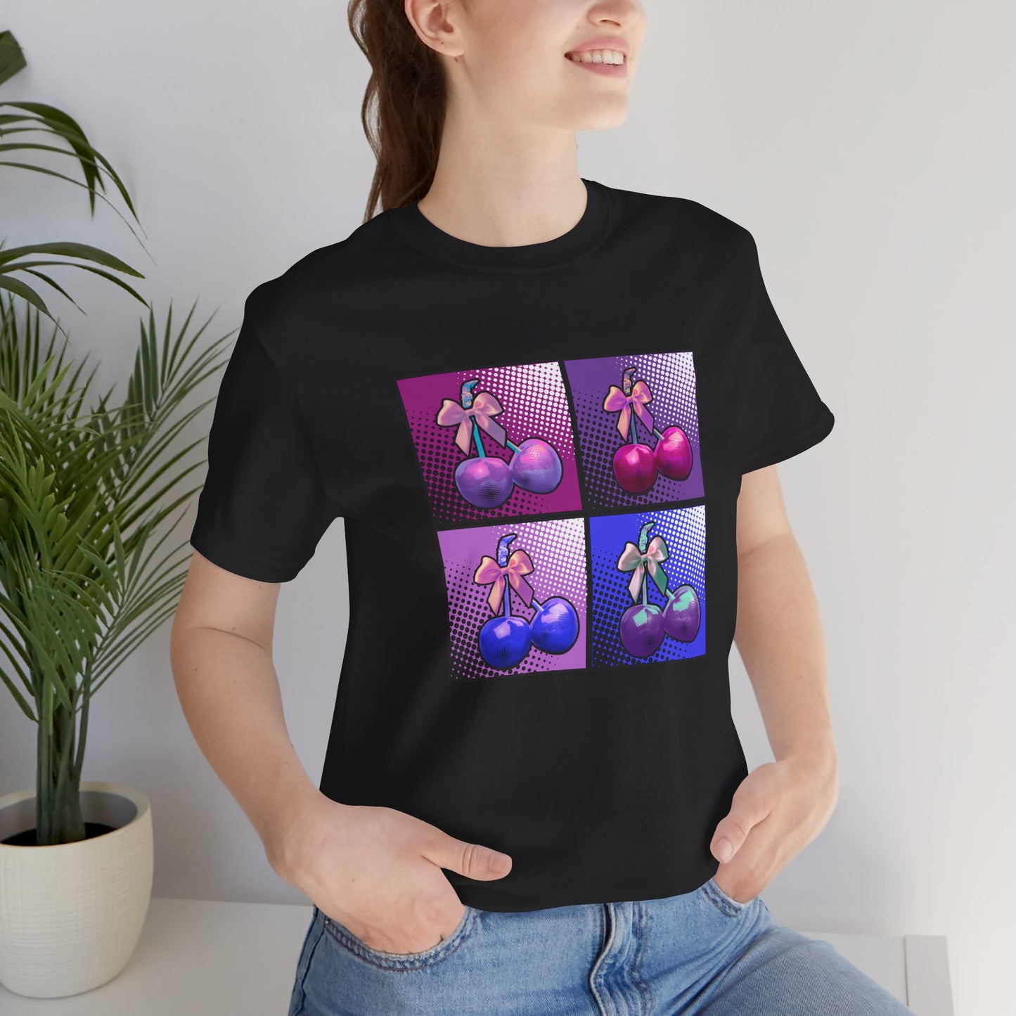 Cherry Bow Shirt, Pop Art Cherry Bow T-shirt, Cherry Tshirt with Bows, Tee in Pinks, Violets and Blues, Valentine's Shirt with Cherries/Bows