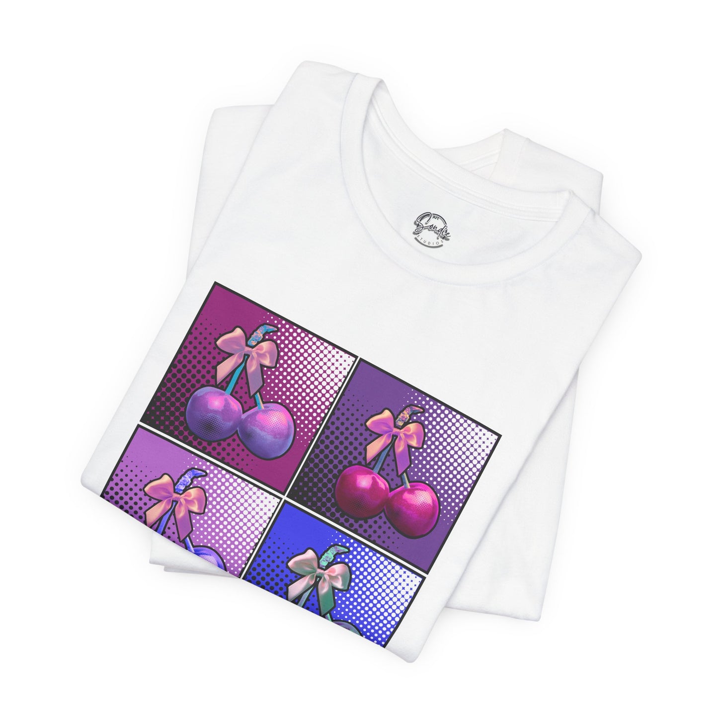 Cherry Bow Shirt, Pop Art Cherry Bow T-shirt, Cherry Tshirt with Bows, Tee in Pinks, Violets and Blues, Valentine's Shirt with Cherries/Bows