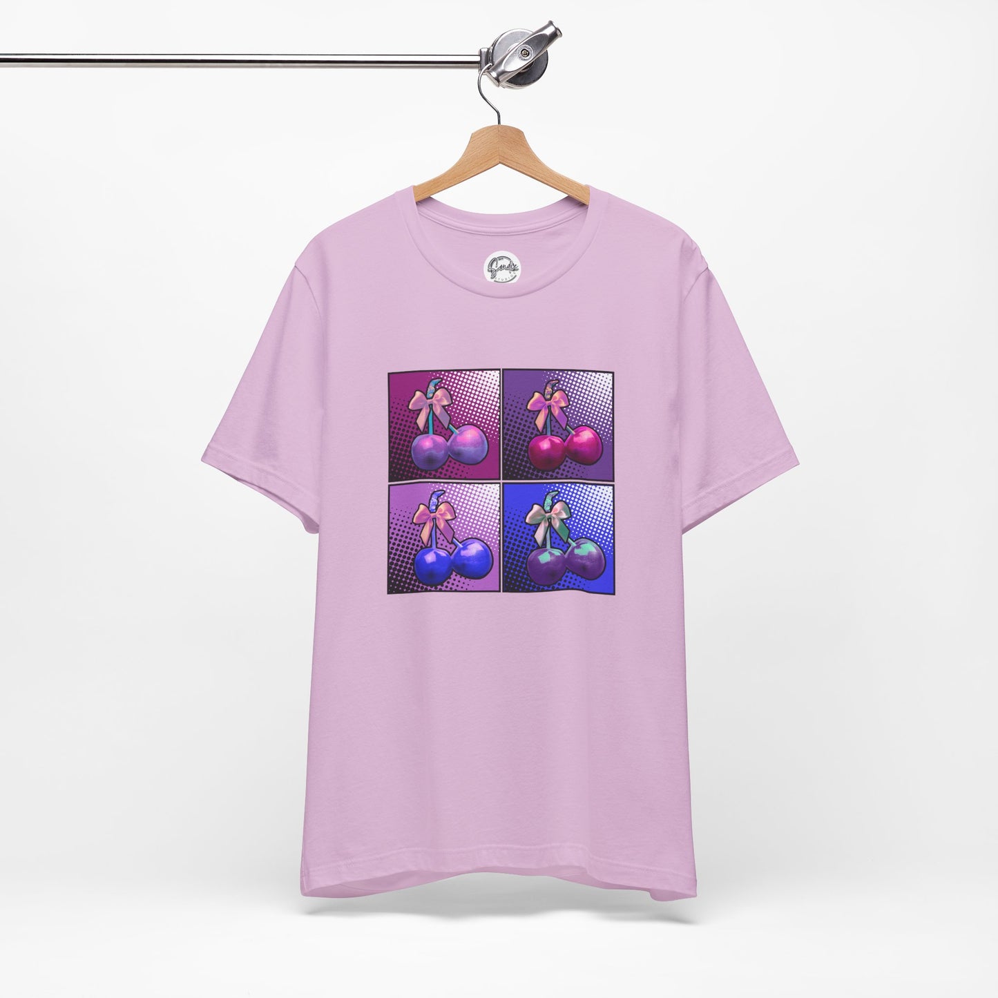 Cherry Bow Shirt, Pop Art Cherry Bow T-shirt, Cherry Tshirt with Bows, Tee in Pinks, Violets and Blues, Valentine's Shirt with Cherries/Bows