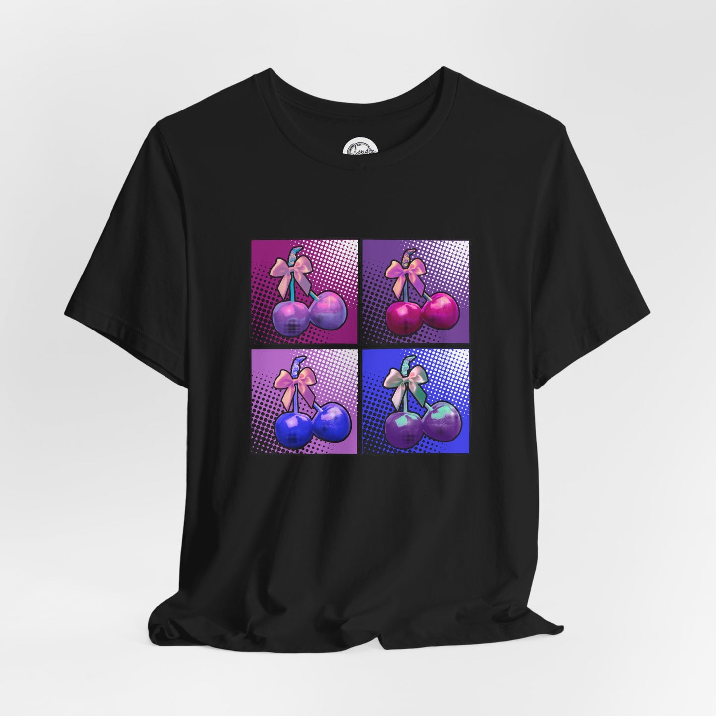 Cherry Bow Shirt, Pop Art Cherry Bow T-shirt, Cherry Tshirt with Bows, Tee in Pinks, Violets and Blues, Valentine's Shirt with Cherries/Bows