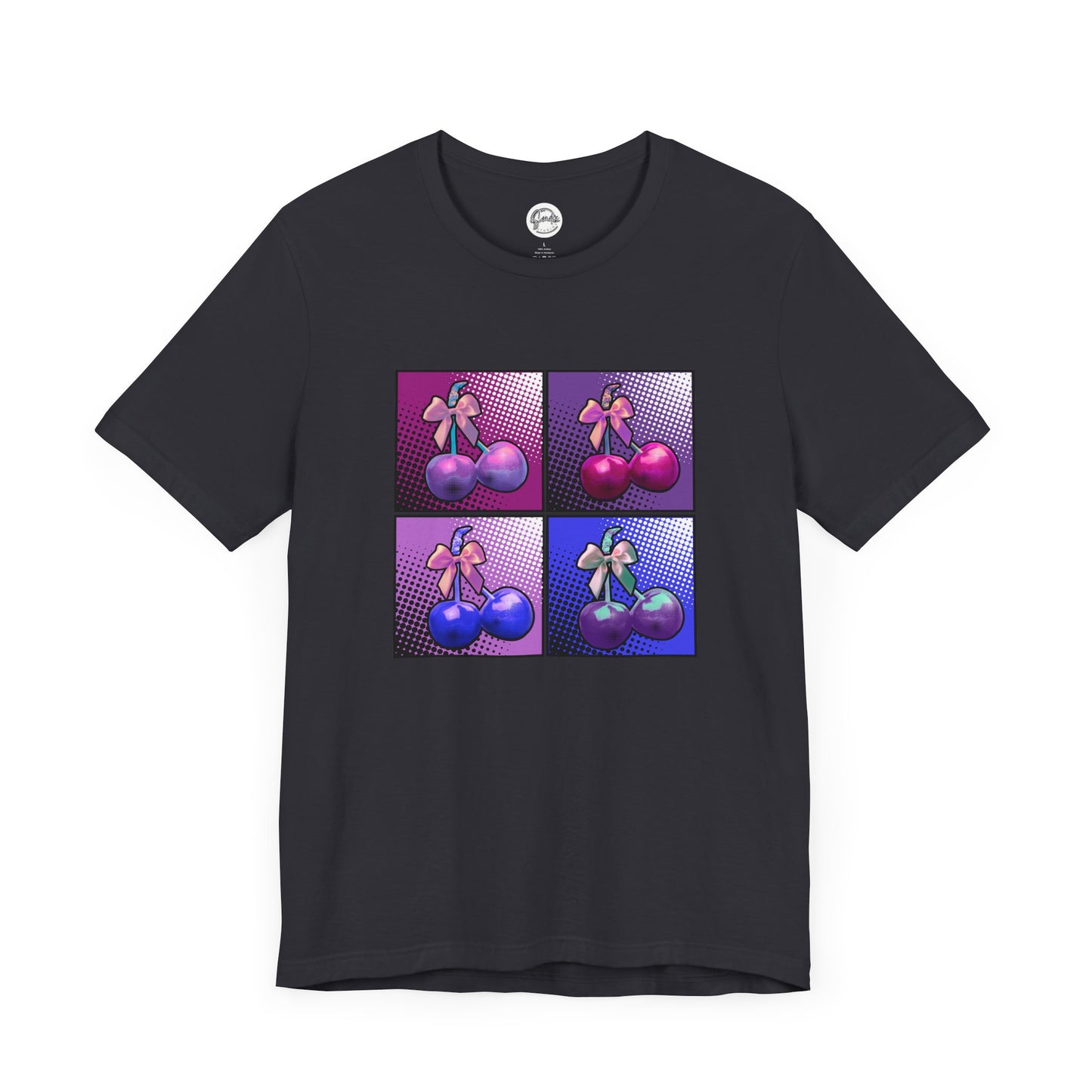 Cherry Bow Shirt, Pop Art Cherry Bow T-shirt, Cherry Tshirt with Bows, Tee in Pinks, Violets and Blues, Valentine's Shirt with Cherries/Bows