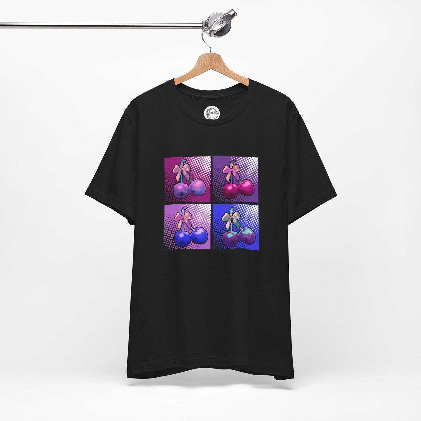 Cherry Bow Shirt, Pop Art Cherry Bow T-shirt, Cherry Tshirt with Bows, Tee in Pinks, Violets and Blues, Valentine's Shirt with Cherries/Bows