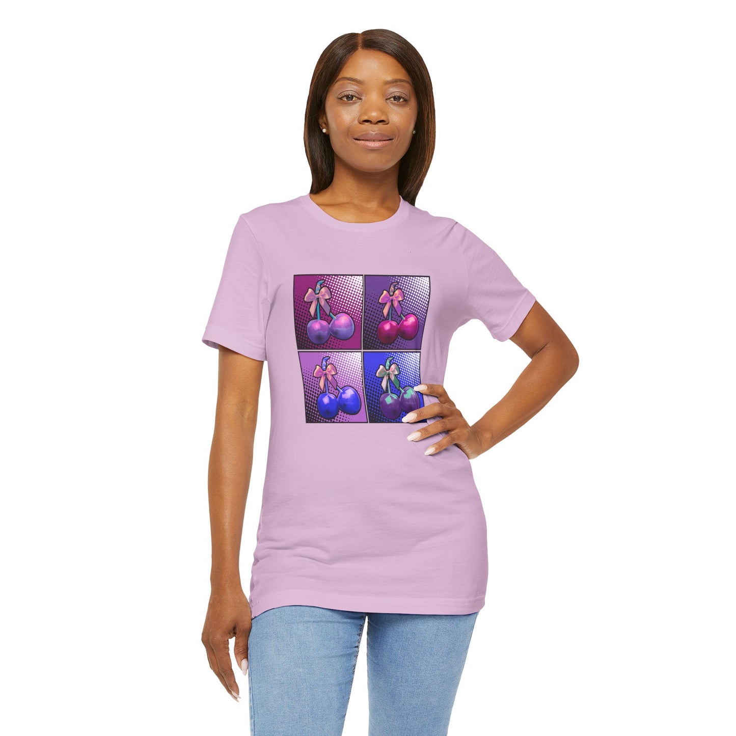 Cherry Bow Shirt, Pop Art Cherry Bow T-shirt, Cherry Tshirt with Bows, Tee in Pinks, Violets and Blues, Valentine's Shirt with Cherries/Bows