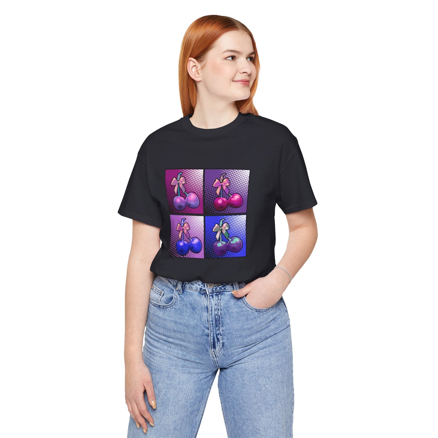Cherry Bow Shirt, Pop Art Cherry Bow T-shirt, Cherry Tshirt with Bows, Tee in Pinks, Violets and Blues, Valentine's Shirt with Cherries/Bows