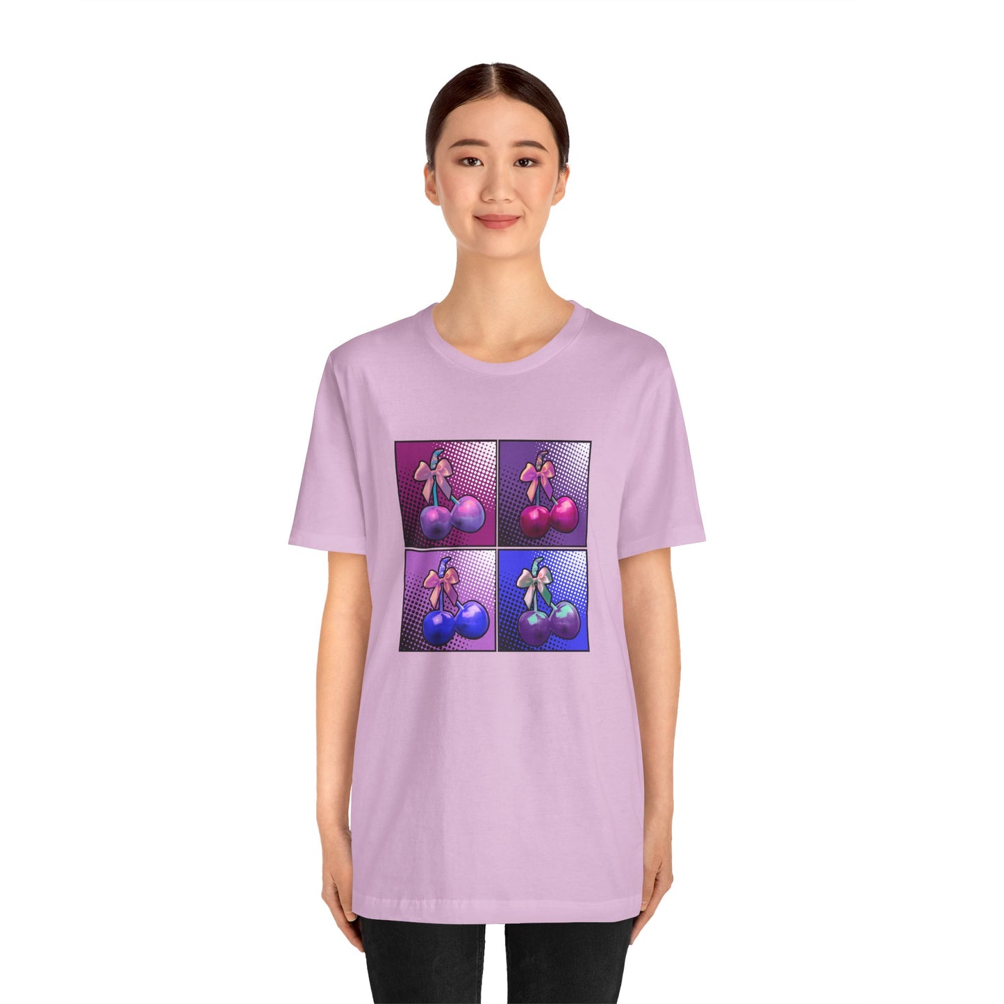 Cherry Bow Shirt, Pop Art Cherry Bow T-shirt, Cherry Tshirt with Bows, Tee in Pinks, Violets and Blues, Valentine's Shirt with Cherries/Bows