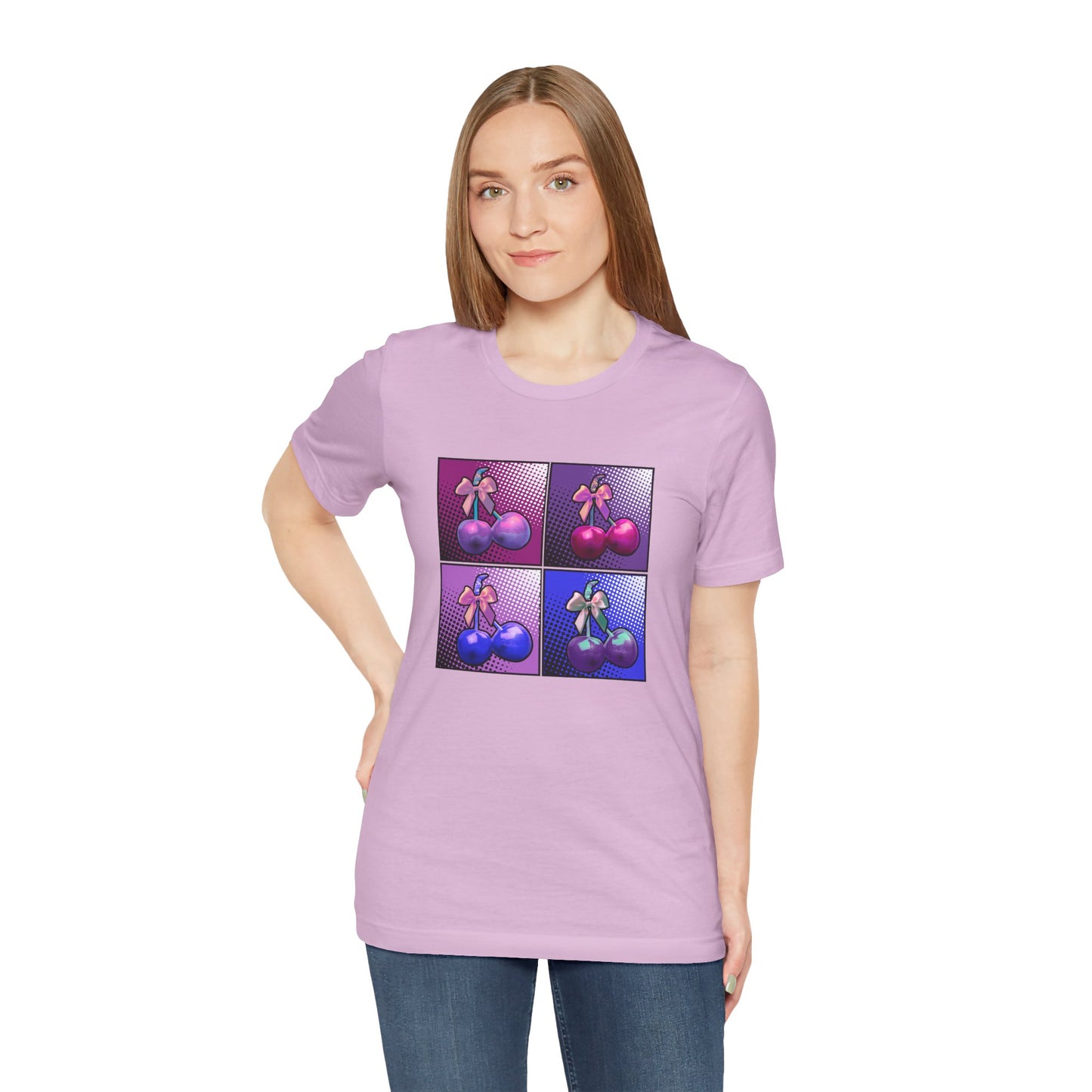 Cherry Bow Shirt, Pop Art Cherry Bow T-shirt, Cherry Tshirt with Bows, Tee in Pinks, Violets and Blues, Valentine's Shirt with Cherries/Bows