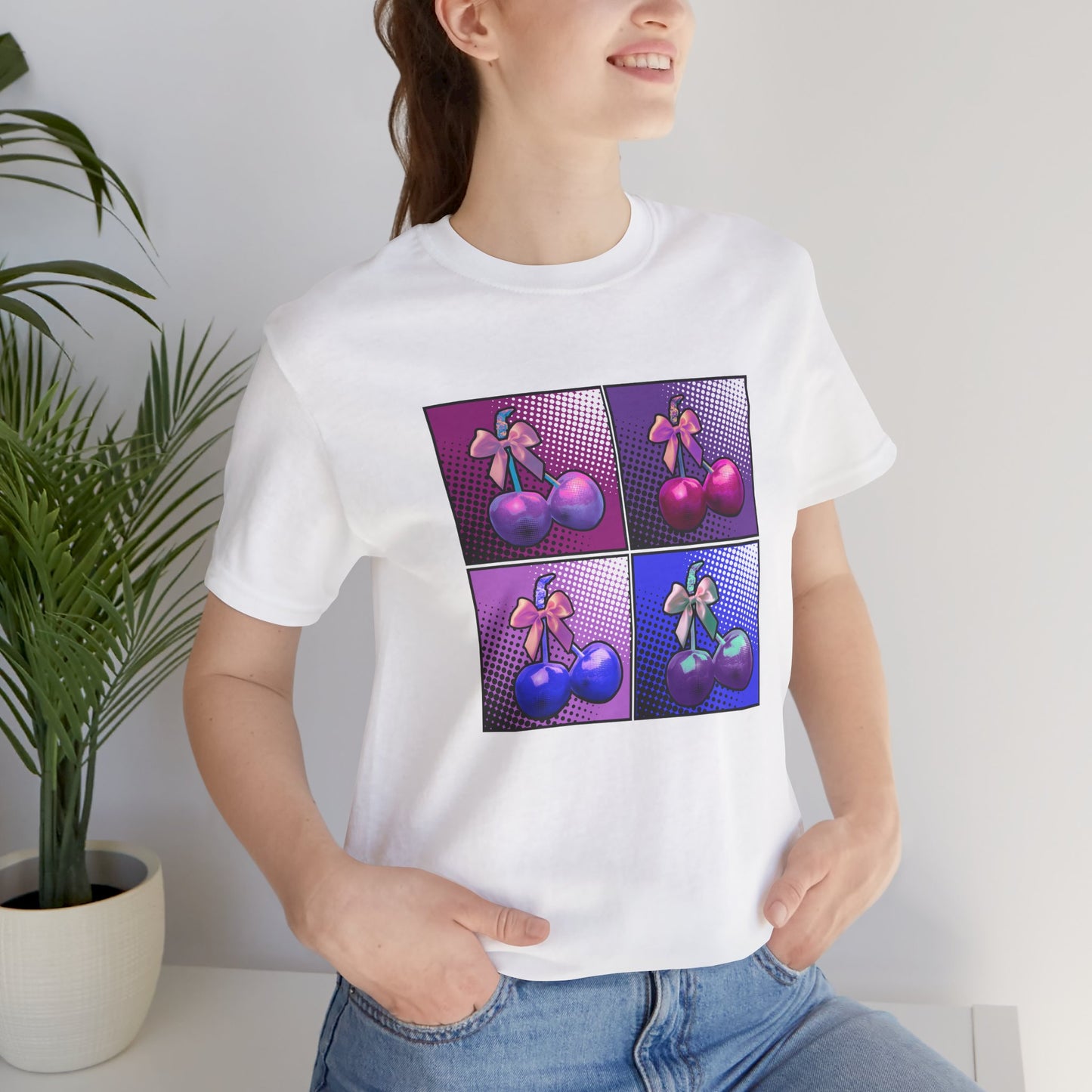Cherry Bow Shirt, Pop Art Cherry Bow T-shirt, Cherry Tshirt with Bows, Tee in Pinks, Violets and Blues, Valentine's Shirt with Cherries/Bows
