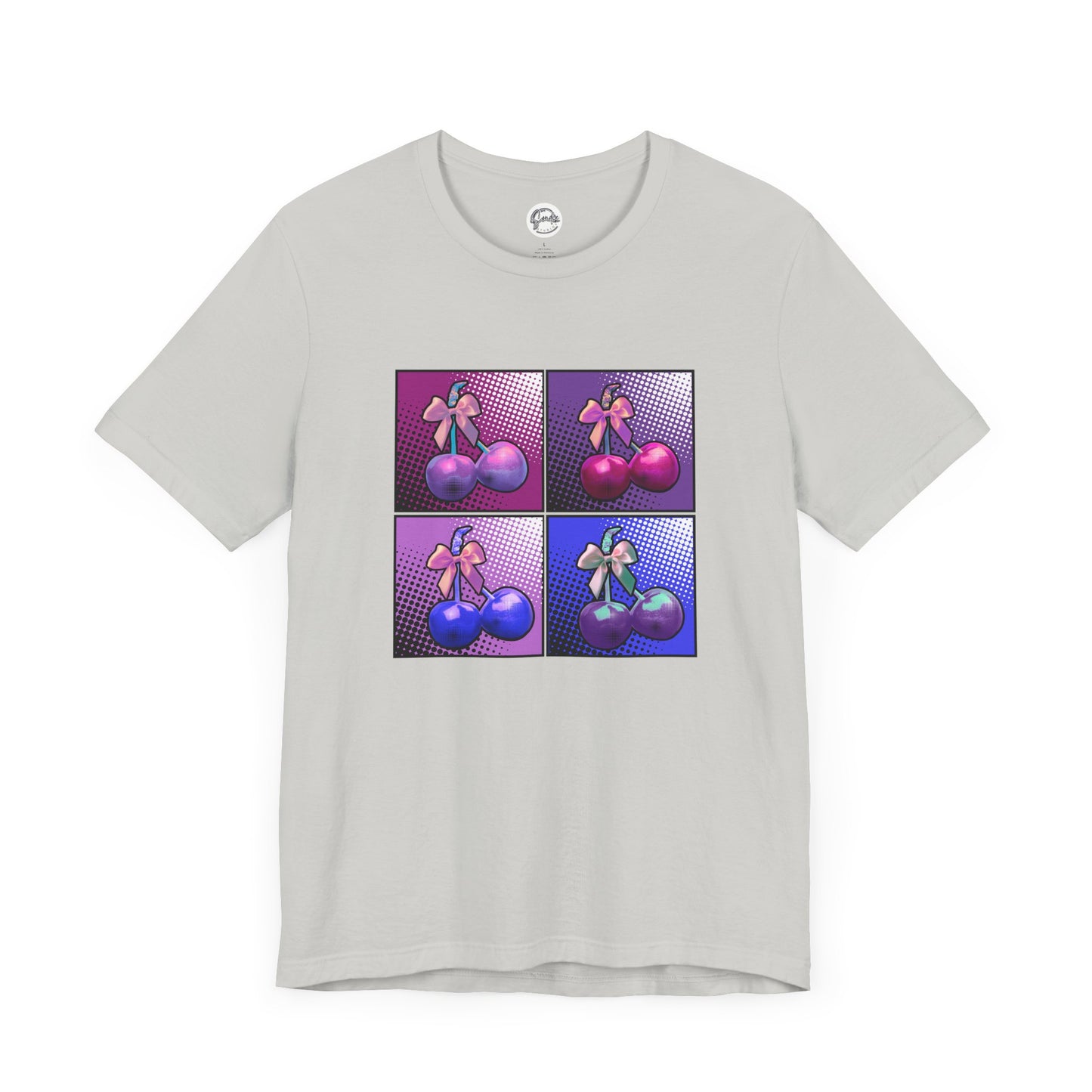 Cherry Bow Shirt, Pop Art Cherry Bow T-shirt, Cherry Tshirt with Bows, Tee in Pinks, Violets and Blues, Valentine's Shirt with Cherries/Bows