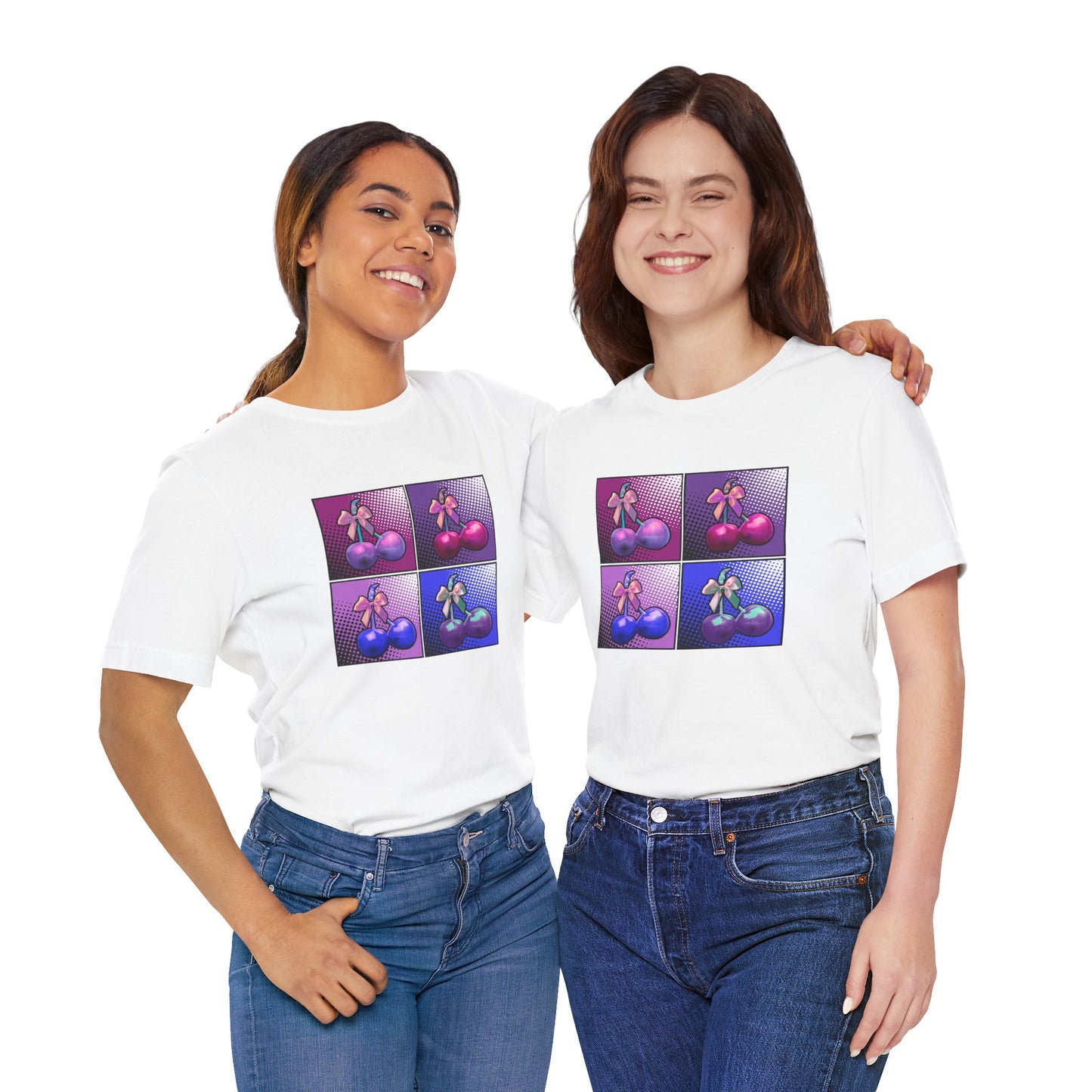 Cherry Bow Shirt, Pop Art Cherry Bow T-shirt, Cherry Tshirt with Bows, Tee in Pinks, Violets and Blues, Valentine's Shirt with Cherries/Bows
