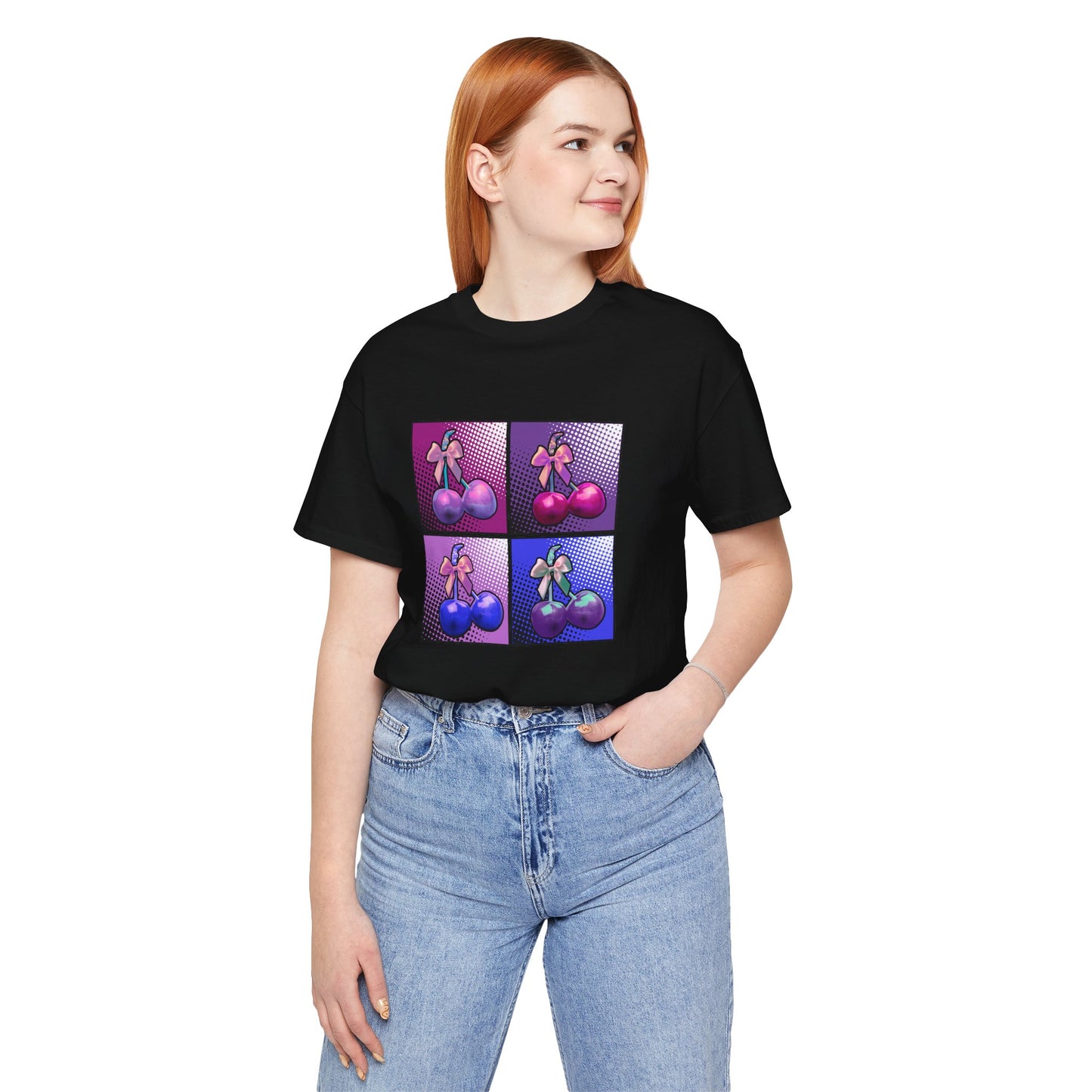 Cherry Bow Shirt, Pop Art Cherry Bow T-shirt, Cherry Tshirt with Bows, Tee in Pinks, Violets and Blues, Valentine's Shirt with Cherries/Bows