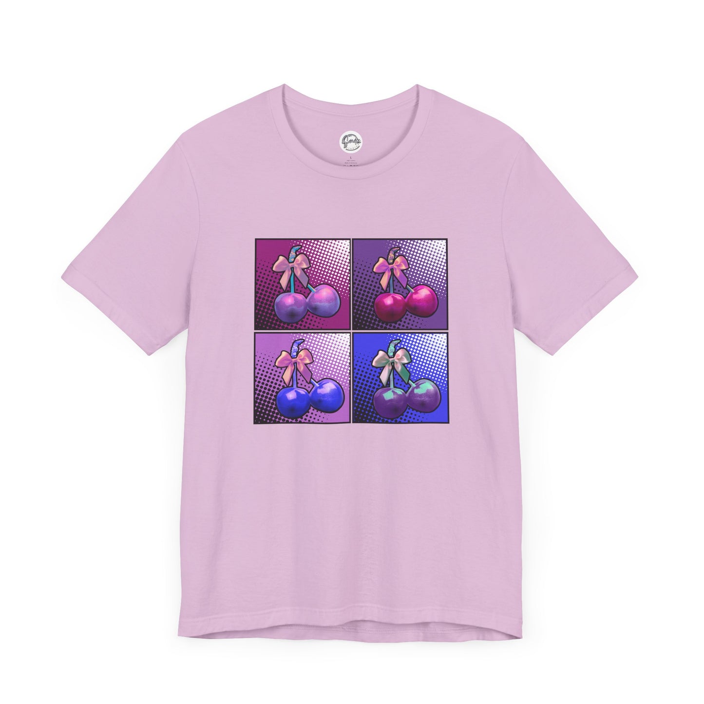 Cherry Bow Shirt, Pop Art Cherry Bow T-shirt, Cherry Tshirt with Bows, Tee in Pinks, Violets and Blues, Valentine's Shirt with Cherries/Bows