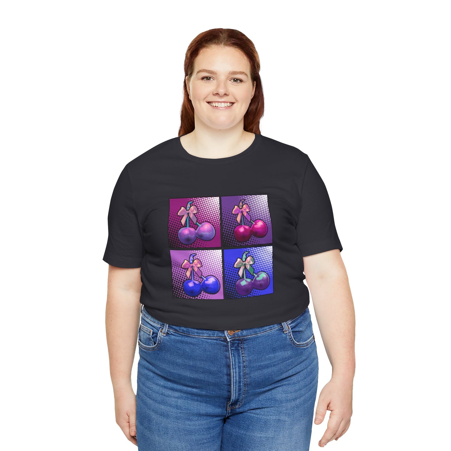 Cherry Bow Shirt, Pop Art Cherry Bow T-shirt, Cherry Tshirt with Bows, Tee in Pinks, Violets and Blues, Valentine's Shirt with Cherries/Bows