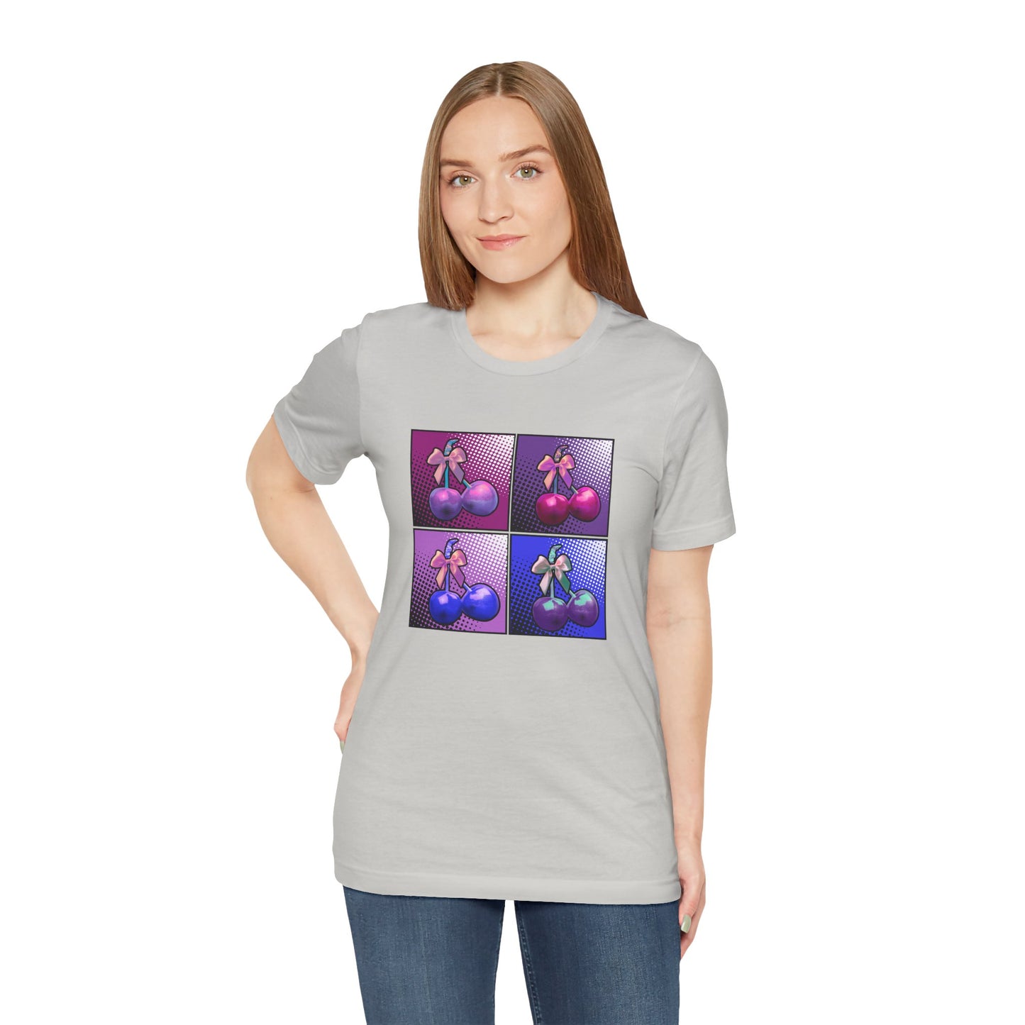 Cherry Bow Shirt, Pop Art Cherry Bow T-shirt, Cherry Tshirt with Bows, Tee in Pinks, Violets and Blues, Valentine's Shirt with Cherries/Bows