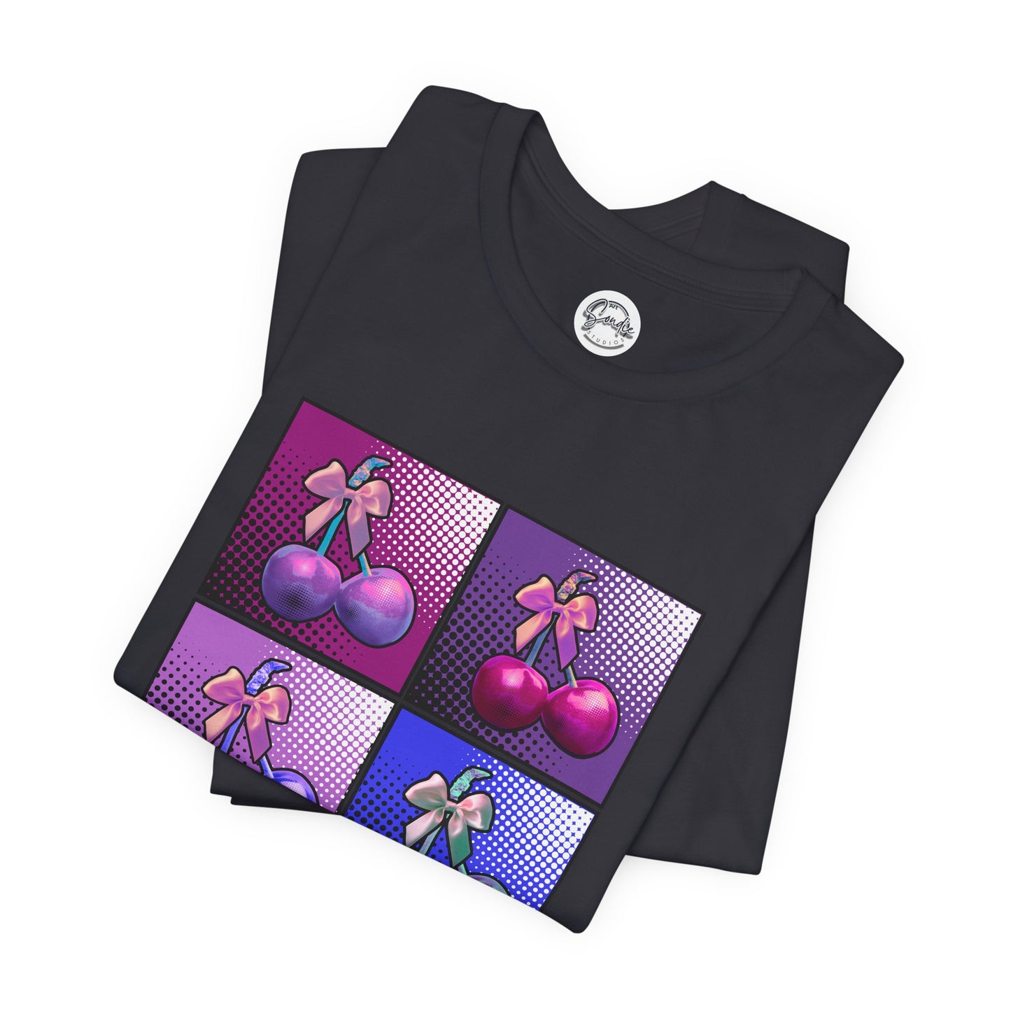 Cherry Bow Shirt, Pop Art Cherry Bow T-shirt, Cherry Tshirt with Bows, Tee in Pinks, Violets and Blues, Valentine's Shirt with Cherries/Bows