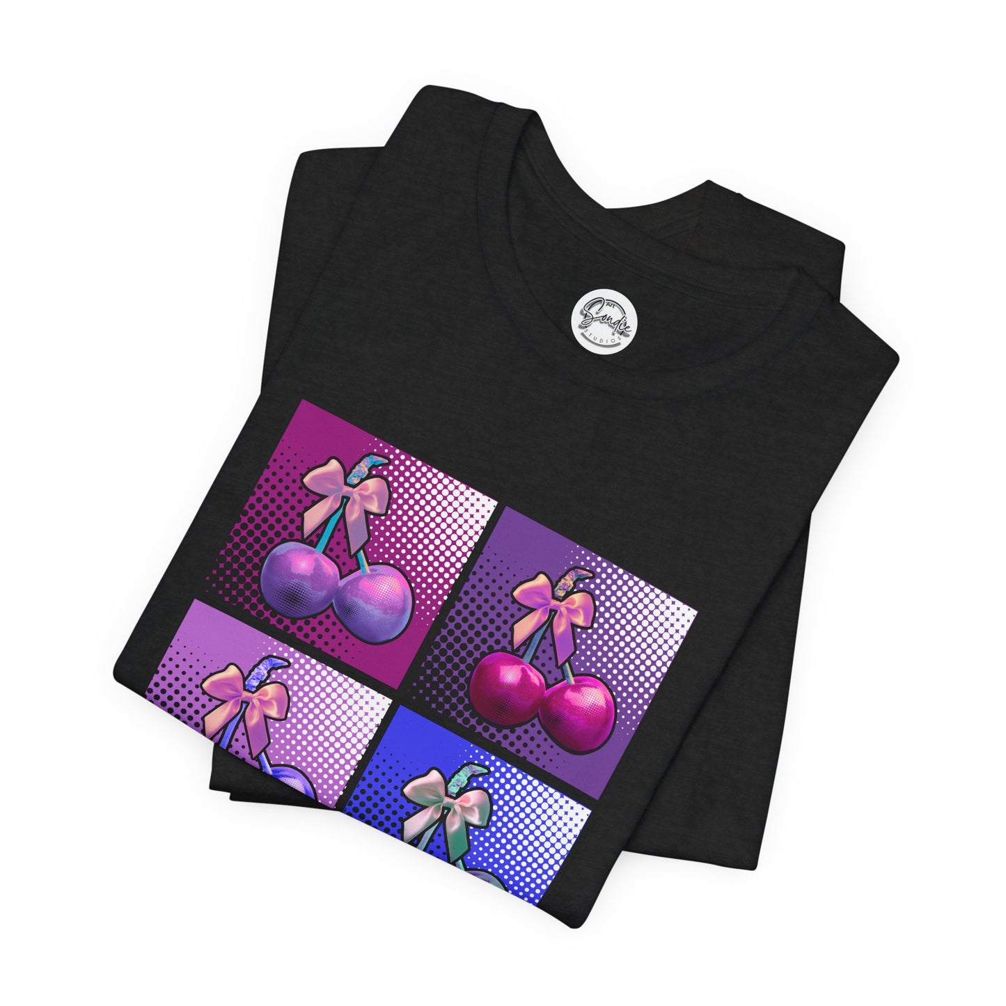 Cherry Bow Shirt, Pop Art Cherry Bow T-shirt, Cherry Tshirt with Bows, Tee in Pinks, Violets and Blues, Valentine's Shirt with Cherries/Bows