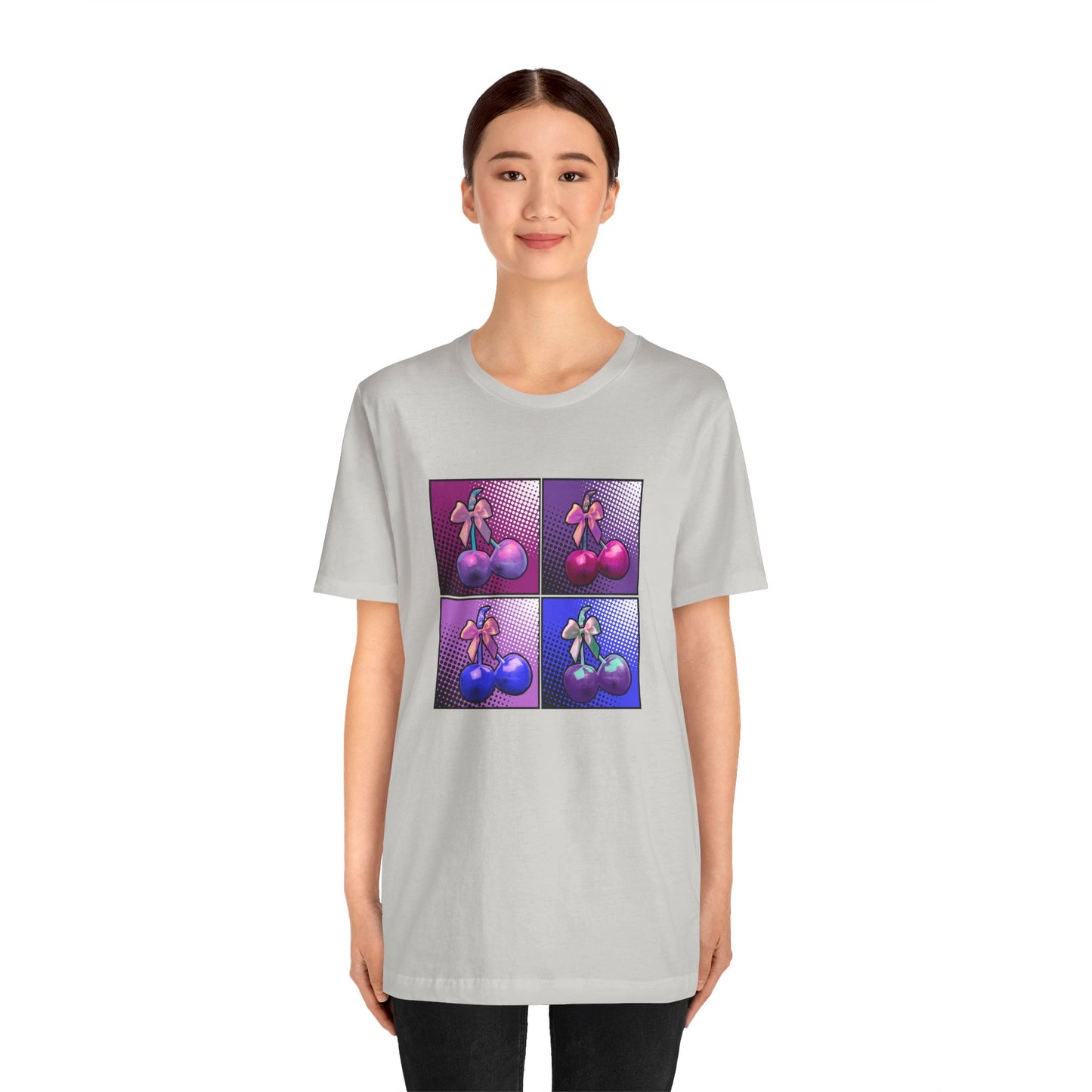 Cherry Bow Shirt, Pop Art Cherry Bow T-shirt, Cherry Tshirt with Bows, Tee in Pinks, Violets and Blues, Valentine's Shirt with Cherries/Bows