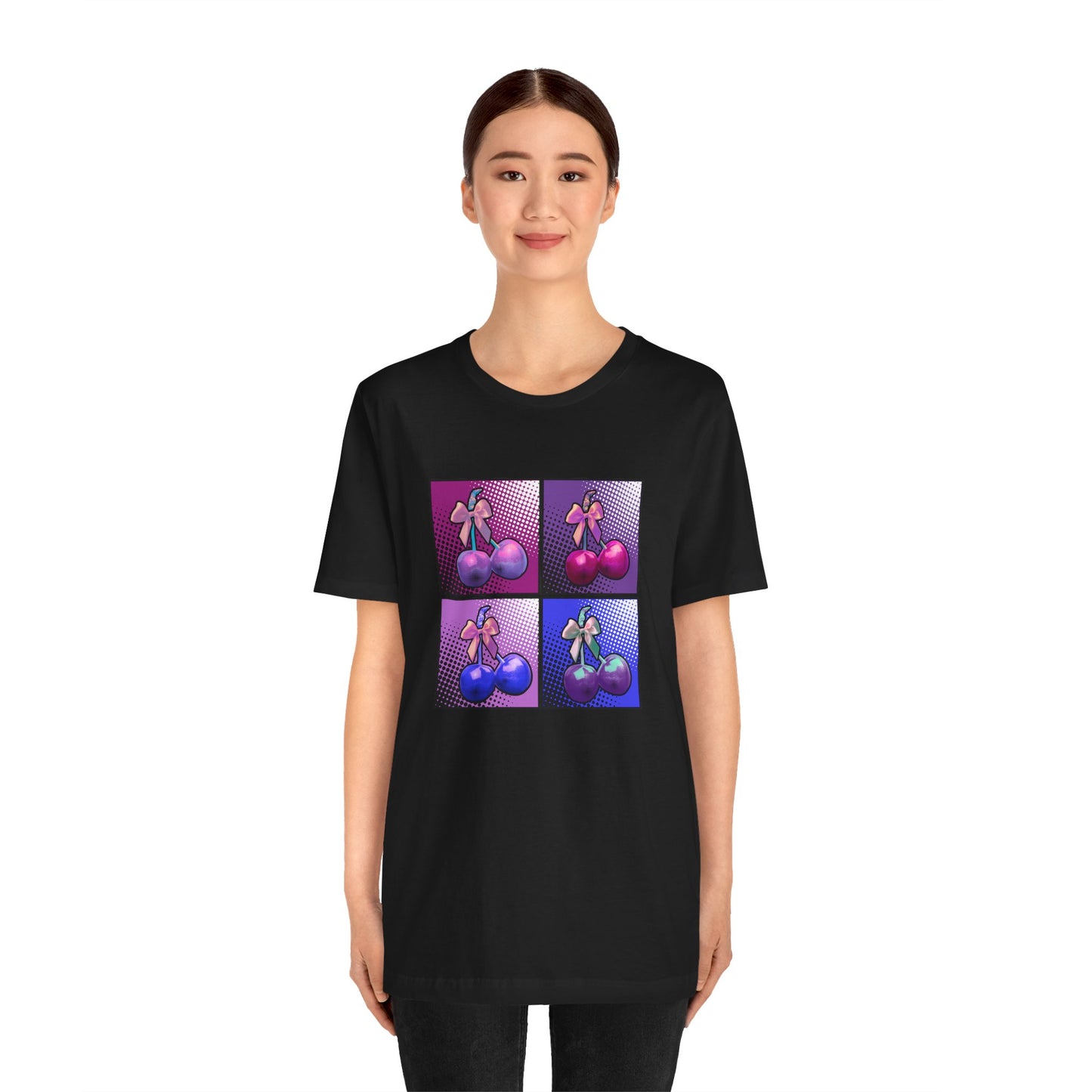 Cherry Bow Shirt, Pop Art Cherry Bow T-shirt, Cherry Tshirt with Bows, Tee in Pinks, Violets and Blues, Valentine's Shirt with Cherries/Bows