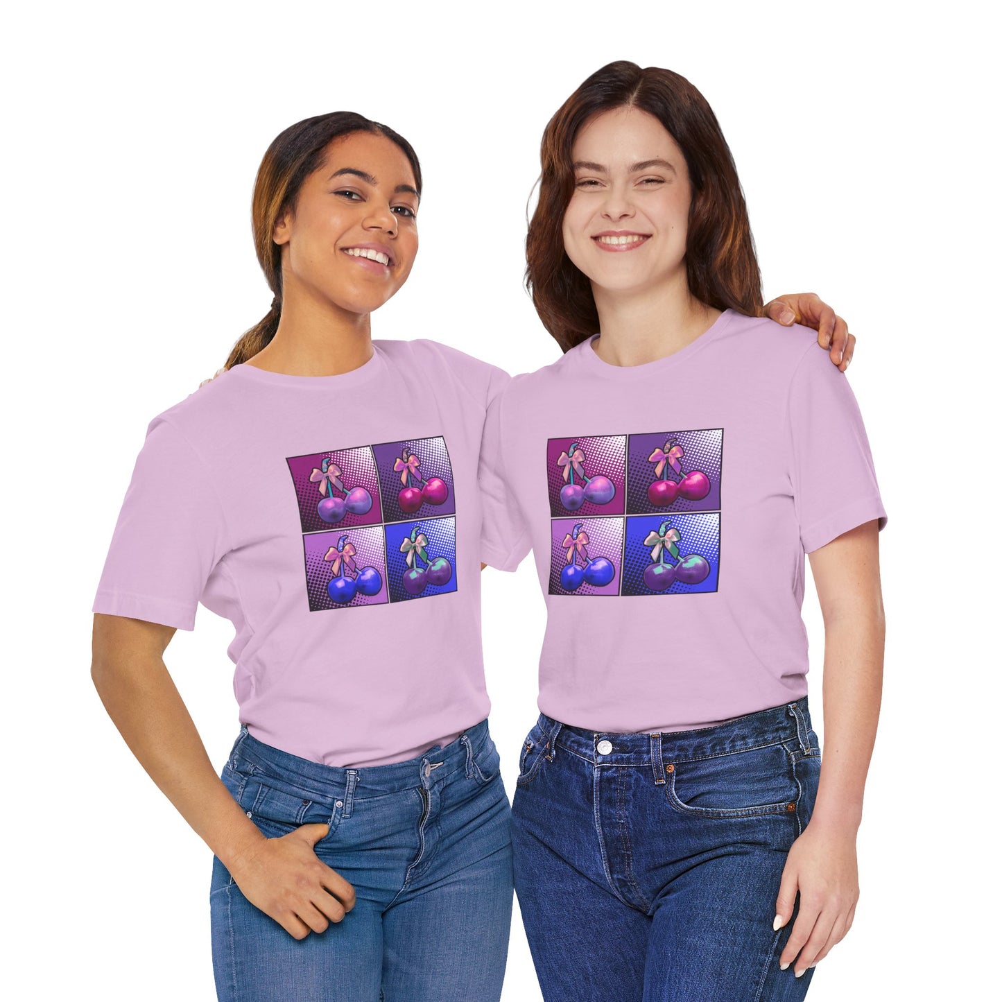 Cherry Bow Shirt, Pop Art Cherry Bow T-shirt, Cherry Tshirt with Bows, Tee in Pinks, Violets and Blues, Valentine's Shirt with Cherries/Bows
