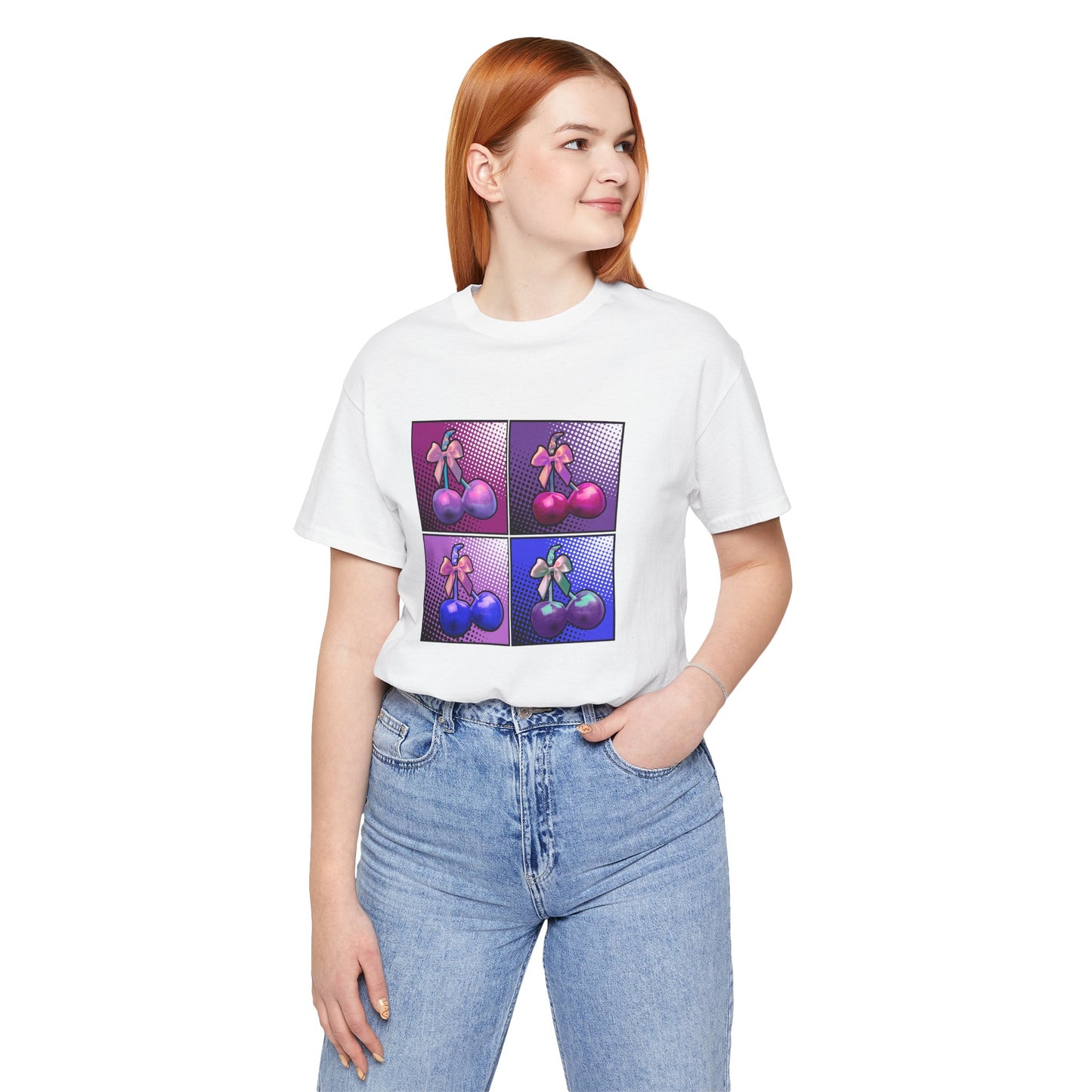 Cherry Bow Shirt, Pop Art Cherry Bow T-shirt, Cherry Tshirt with Bows, Tee in Pinks, Violets and Blues, Valentine's Shirt with Cherries/Bows
