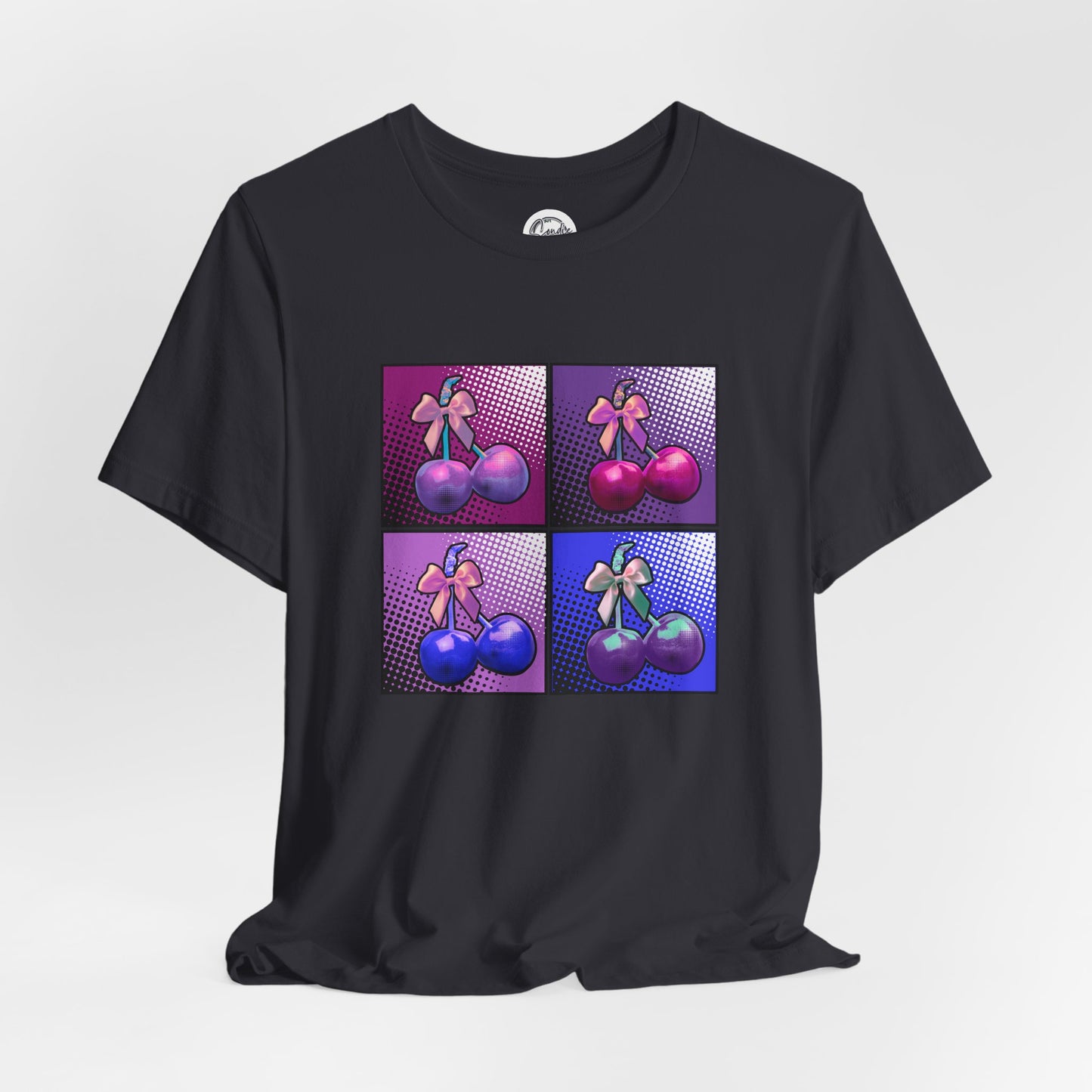 Cherry Bow Shirt, Pop Art Cherry Bow T-shirt, Cherry Tshirt with Bows, Tee in Pinks, Violets and Blues, Valentine's Shirt with Cherries/Bows