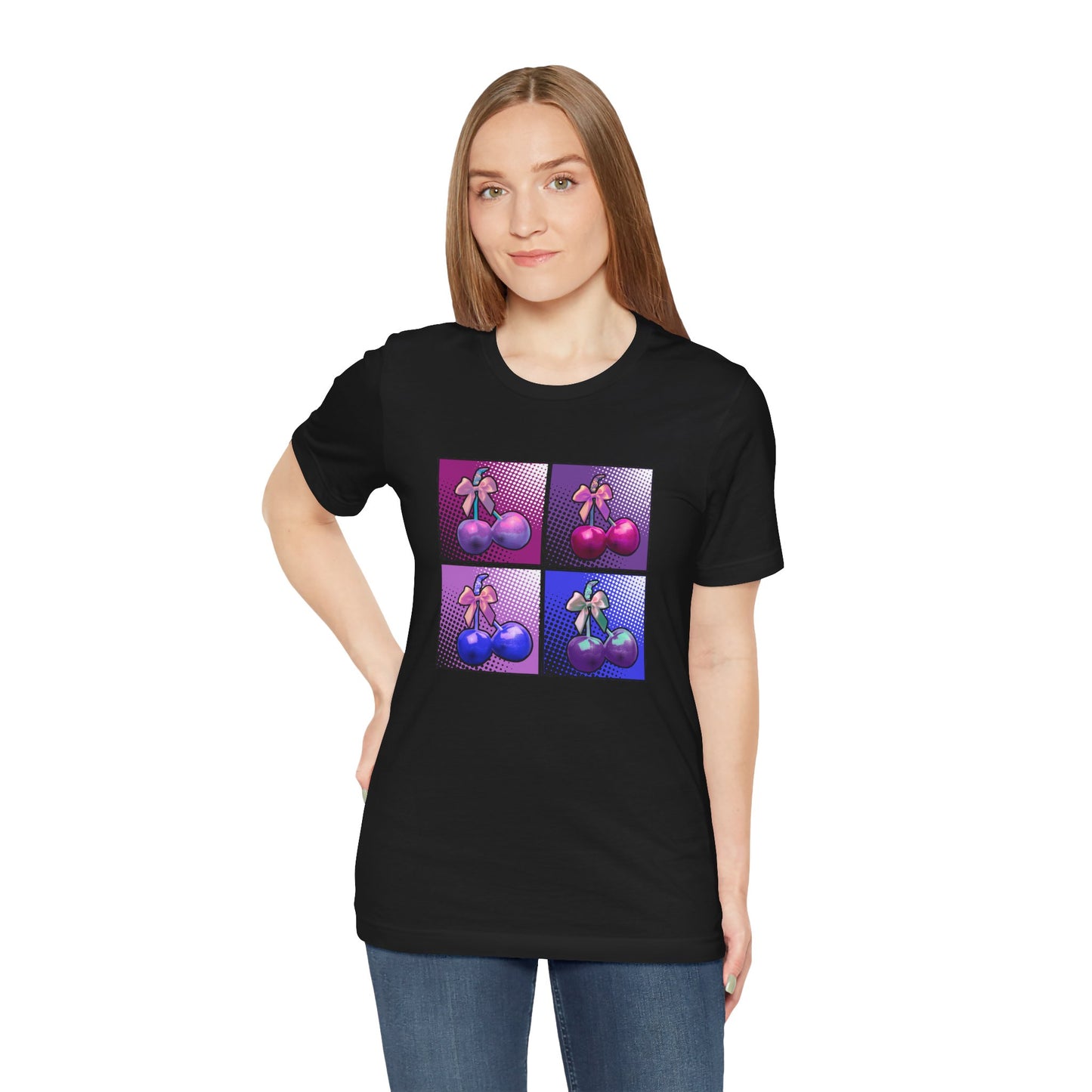 Cherry Bow Shirt, Pop Art Cherry Bow T-shirt, Cherry Tshirt with Bows, Tee in Pinks, Violets and Blues, Valentine's Shirt with Cherries/Bows