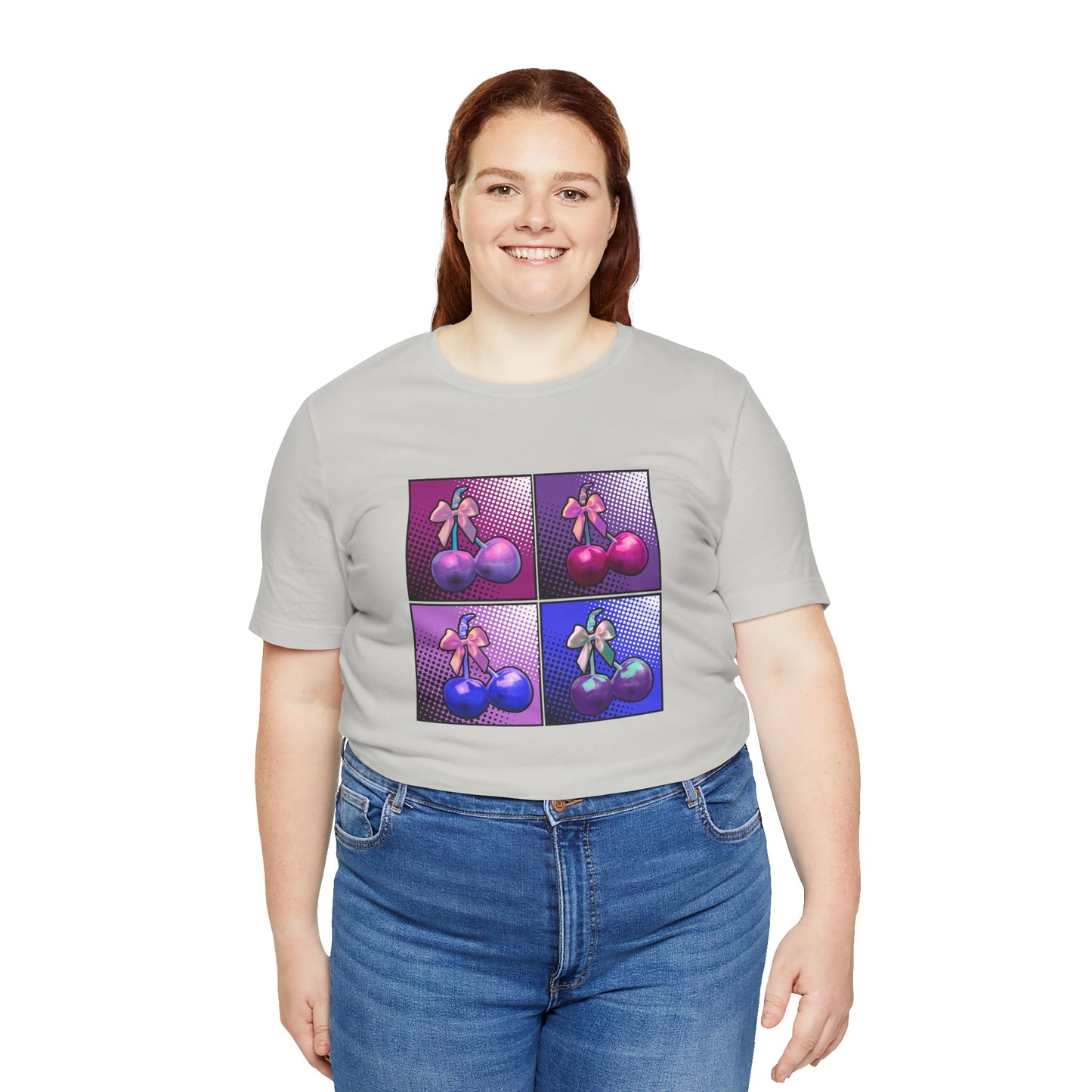 Cherry Bow Shirt, Pop Art Cherry Bow T-shirt, Cherry Tshirt with Bows, Tee in Pinks, Violets and Blues, Valentine's Shirt with Cherries/Bows