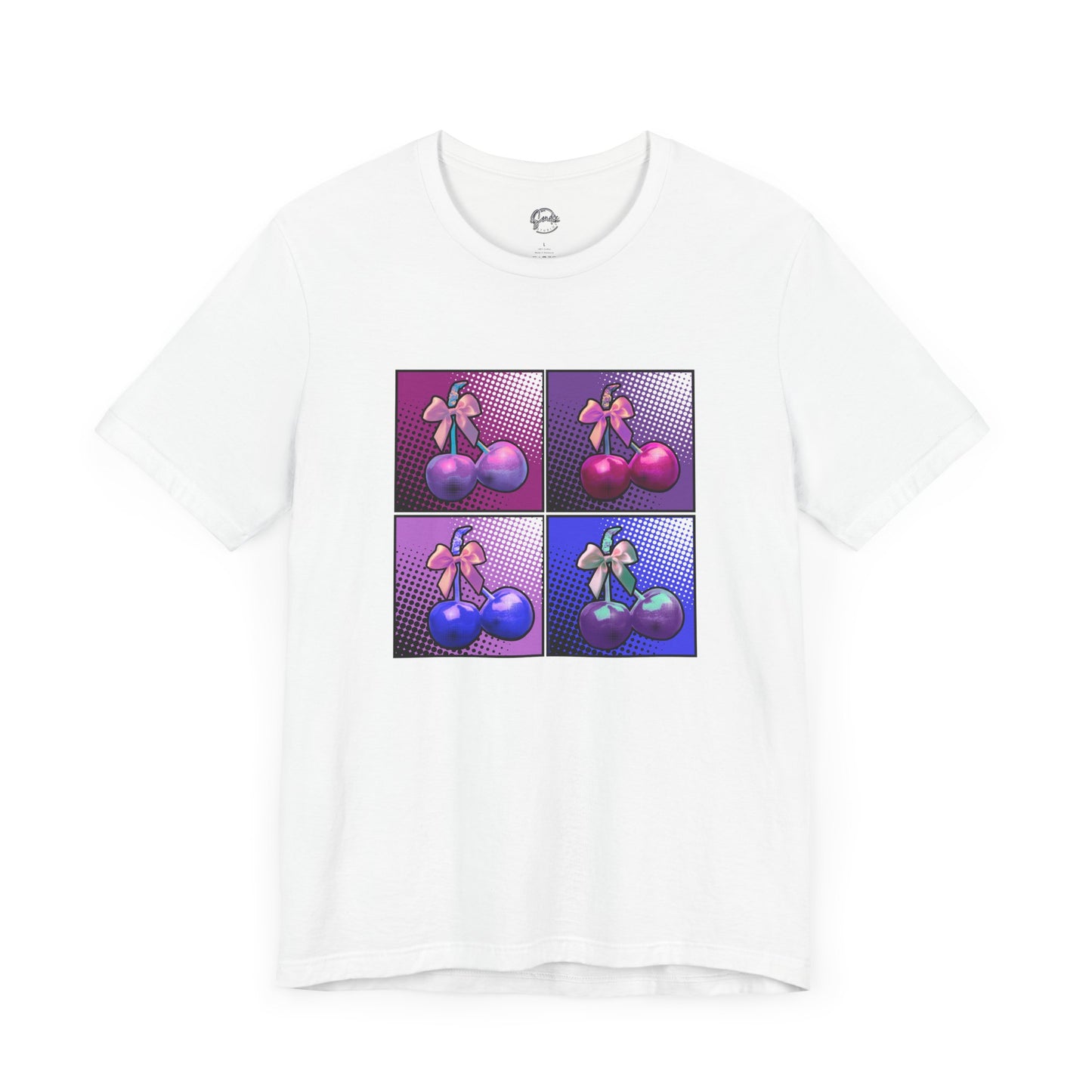 Cherry Bow Shirt, Pop Art Cherry Bow T-shirt, Cherry Tshirt with Bows, Tee in Pinks, Violets and Blues, Valentine's Shirt with Cherries/Bows