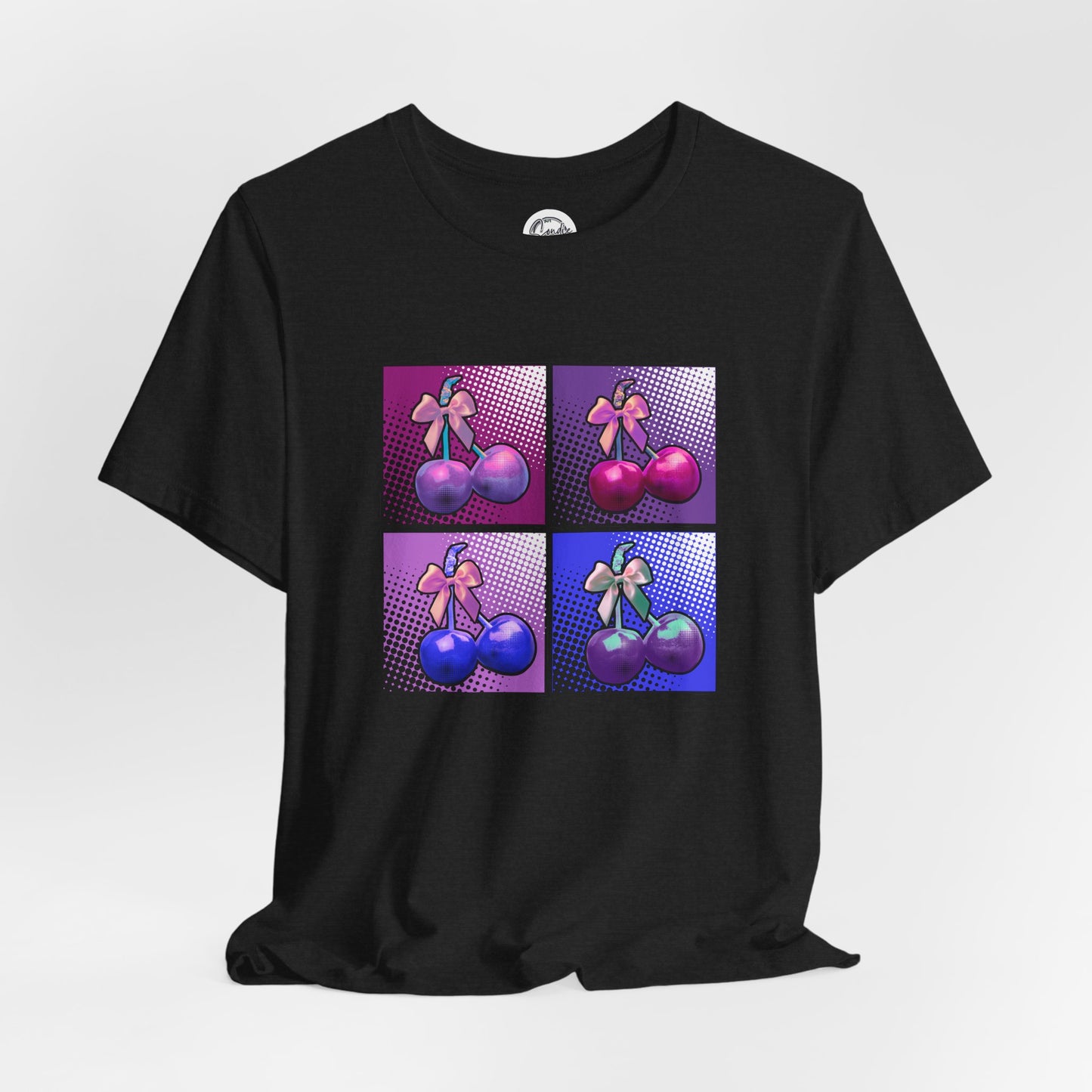 Cherry Bow Shirt, Pop Art Cherry Bow T-shirt, Cherry Tshirt with Bows, Tee in Pinks, Violets and Blues, Valentine's Shirt with Cherries/Bows