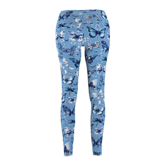 Light Blue Chinoiserie Leggings with Butterflies, Coquettes and Dragonflies, Workout Pants, Stretchy Pants, Yoga Clothes, Gift for Her