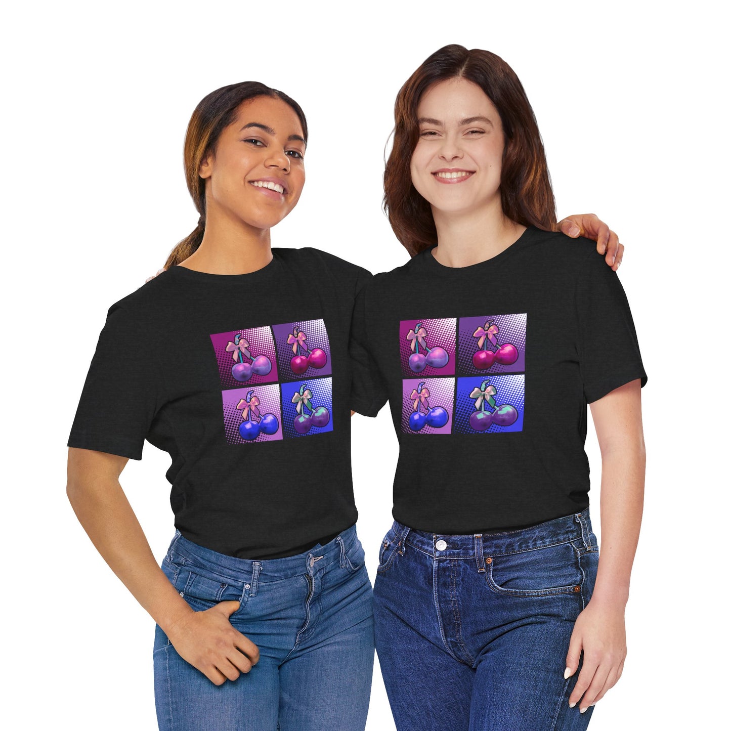 Cherry Bow Shirt, Pop Art Cherry Bow T-shirt, Cherry Tshirt with Bows, Tee in Pinks, Violets and Blues, Valentine's Shirt with Cherries/Bows