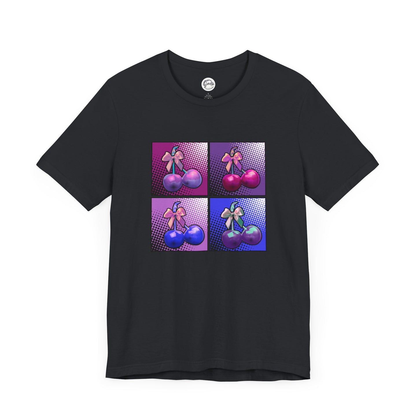 Cherry Bow Shirt, Pop Art Cherry Bow T-shirt, Cherry Tshirt with Bows, Tee in Pinks, Violets and Blues, Valentine's Shirt with Cherries/Bows