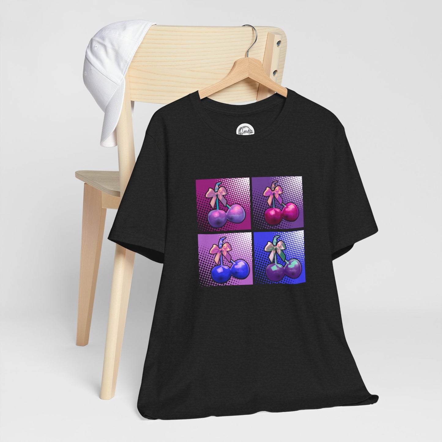 Cherry Bow Shirt, Pop Art Cherry Bow T-shirt, Cherry Tshirt with Bows, Tee in Pinks, Violets and Blues, Valentine's Shirt with Cherries/Bows