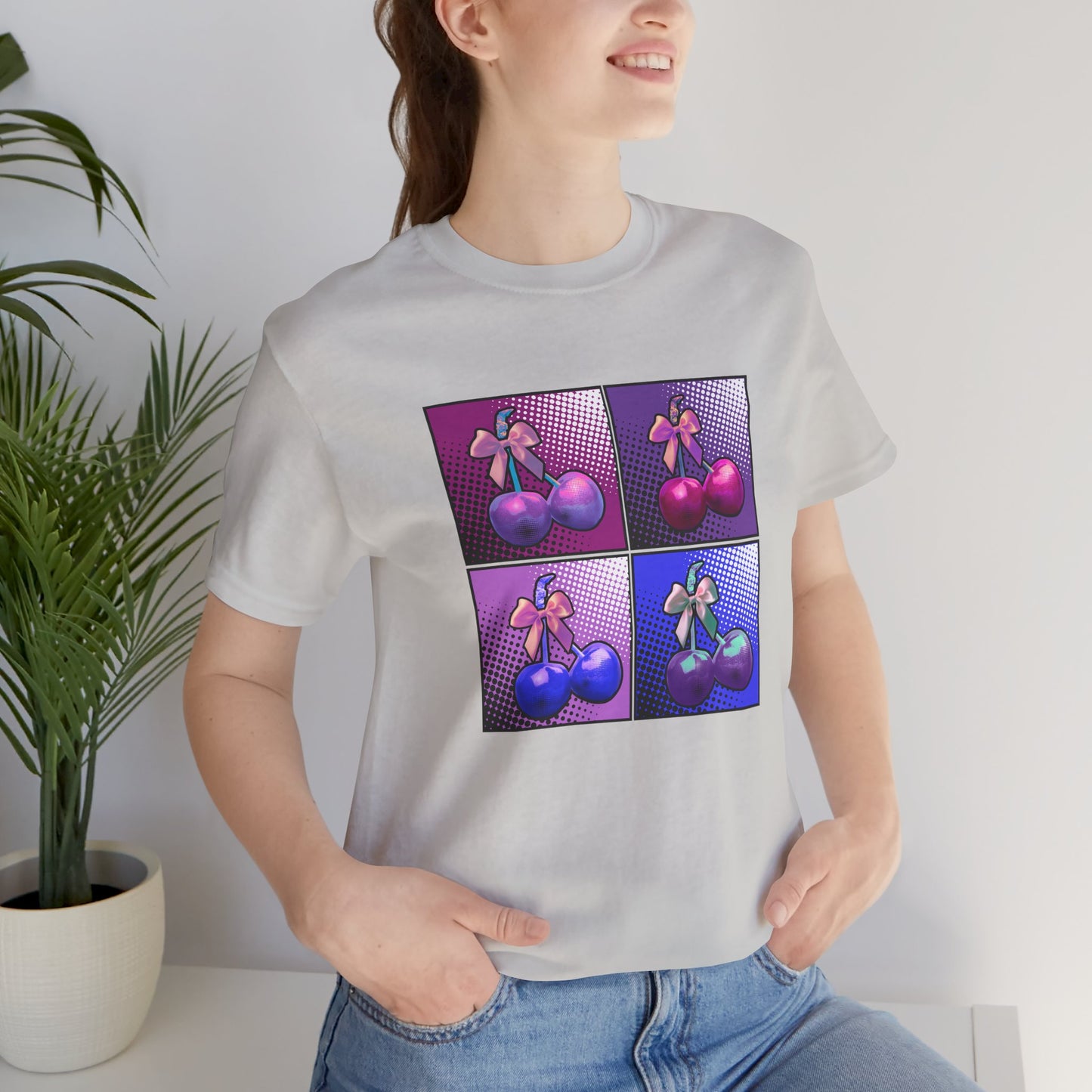 Cherry Bow Shirt, Pop Art Cherry Bow T-shirt, Cherry Tshirt with Bows, Tee in Pinks, Violets and Blues, Valentine's Shirt with Cherries/Bows