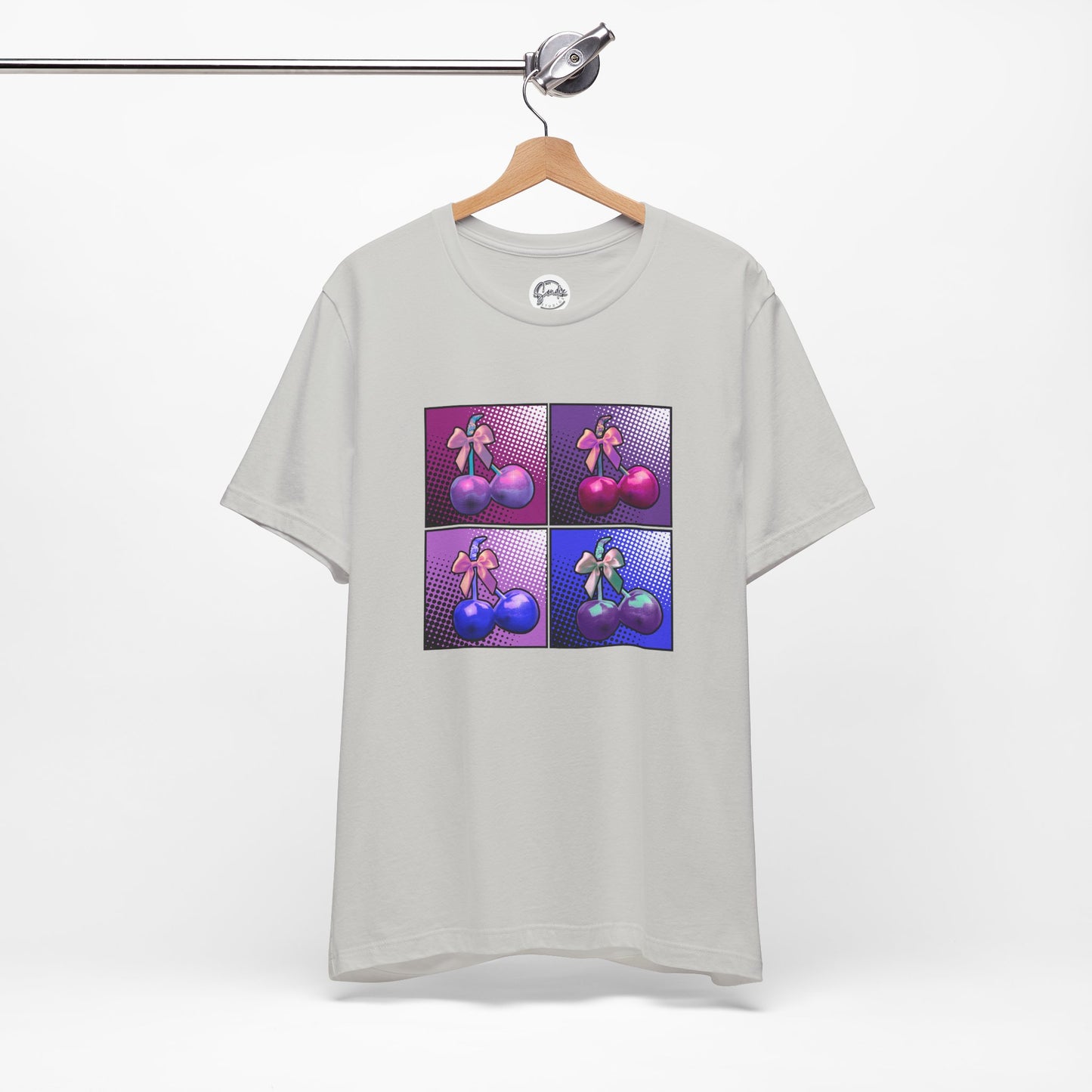 Cherry Bow Shirt, Pop Art Cherry Bow T-shirt, Cherry Tshirt with Bows, Tee in Pinks, Violets and Blues, Valentine's Shirt with Cherries/Bows