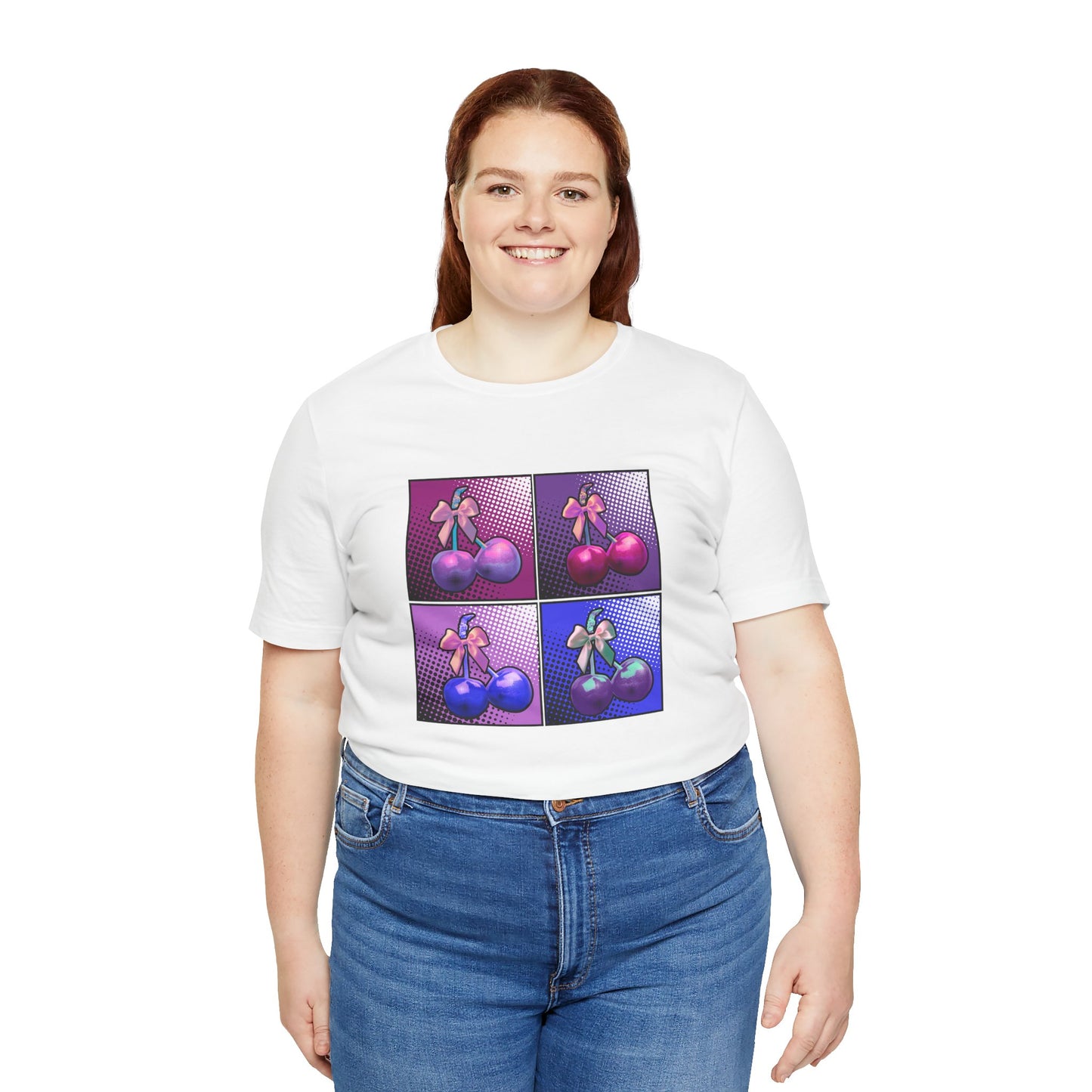 Cherry Bow Shirt, Pop Art Cherry Bow T-shirt, Cherry Tshirt with Bows, Tee in Pinks, Violets and Blues, Valentine's Shirt with Cherries/Bows
