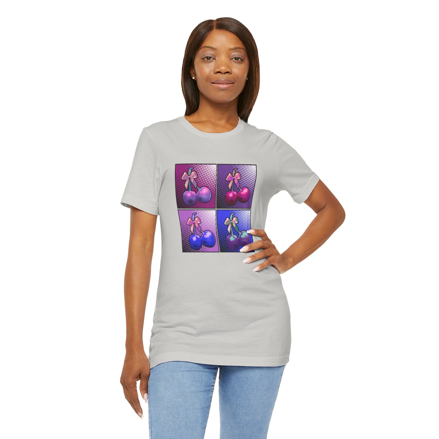 Cherry Bow Shirt, Pop Art Cherry Bow T-shirt, Cherry Tshirt with Bows, Tee in Pinks, Violets and Blues, Valentine's Shirt with Cherries/Bows