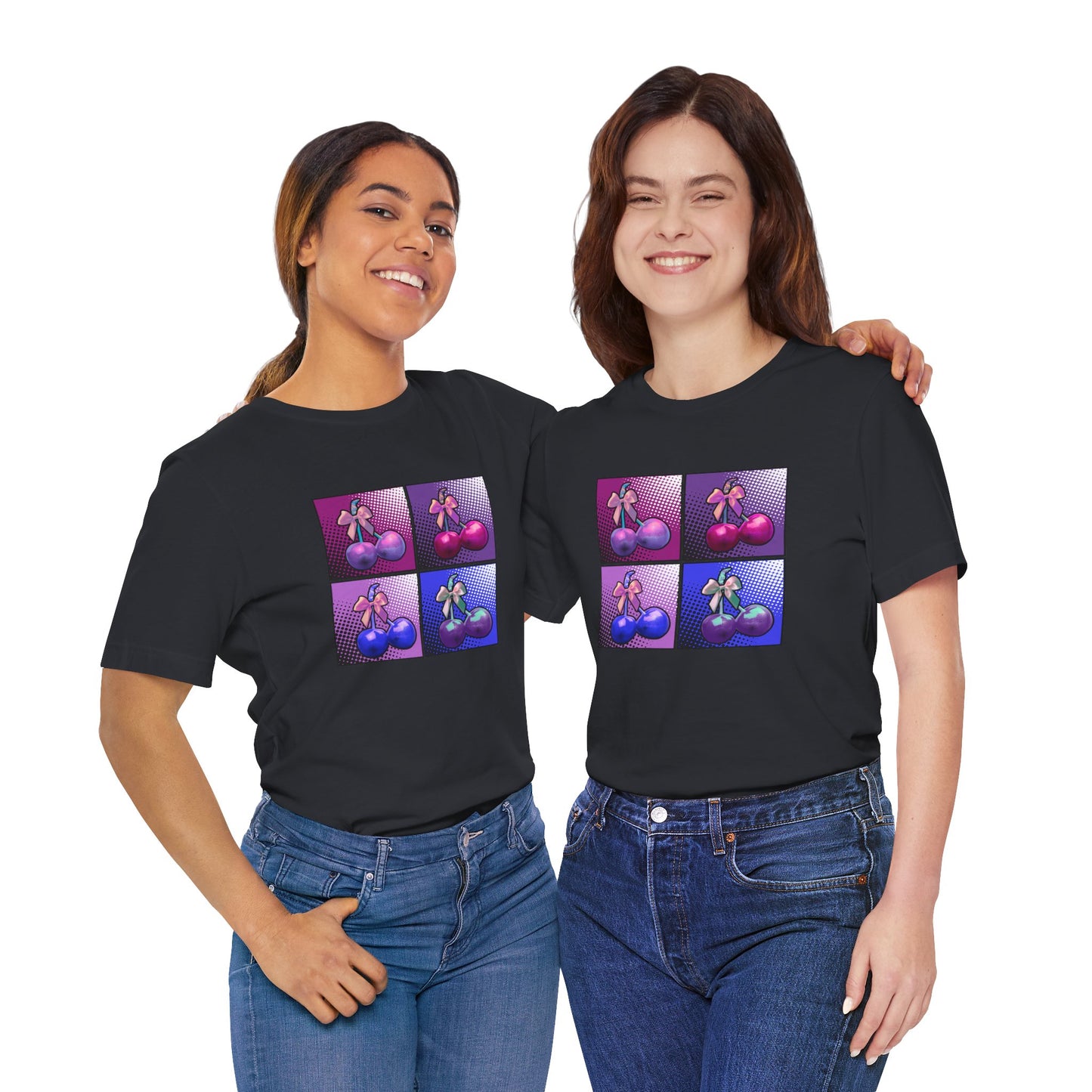 Cherry Bow Shirt, Pop Art Cherry Bow T-shirt, Cherry Tshirt with Bows, Tee in Pinks, Violets and Blues, Valentine's Shirt with Cherries/Bows