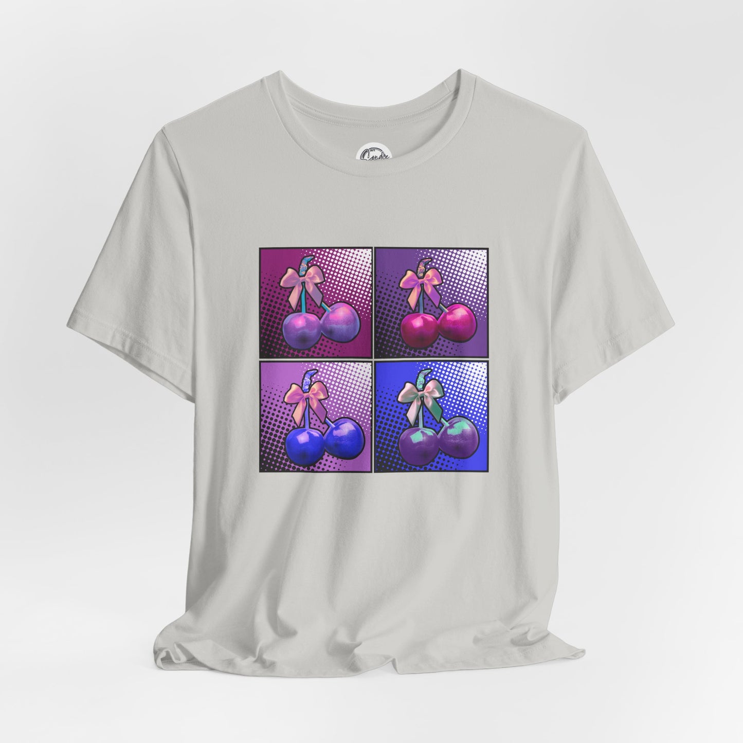 Cherry Bow Shirt, Pop Art Cherry Bow T-shirt, Cherry Tshirt with Bows, Tee in Pinks, Violets and Blues, Valentine's Shirt with Cherries/Bows