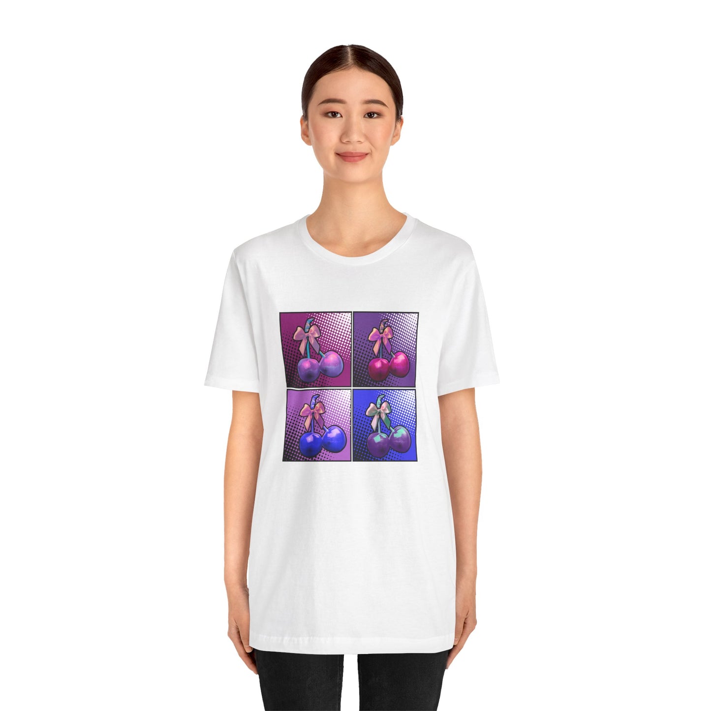 Cherry Bow Shirt, Pop Art Cherry Bow T-shirt, Cherry Tshirt with Bows, Tee in Pinks, Violets and Blues, Valentine's Shirt with Cherries/Bows