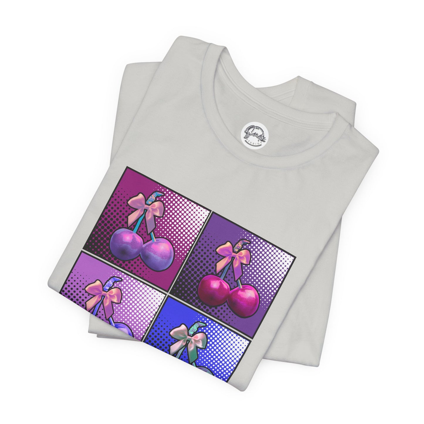 Cherry Bow Shirt, Pop Art Cherry Bow T-shirt, Cherry Tshirt with Bows, Tee in Pinks, Violets and Blues, Valentine's Shirt with Cherries/Bows