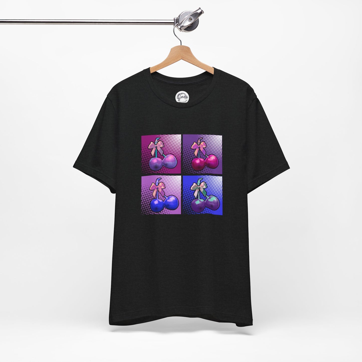 Cherry Bow Shirt, Pop Art Cherry Bow T-shirt, Cherry Tshirt with Bows, Tee in Pinks, Violets and Blues, Valentine's Shirt with Cherries/Bows