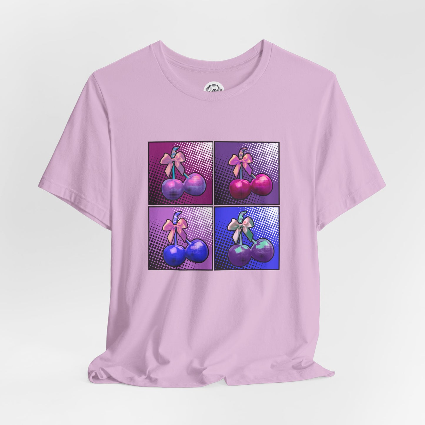 Cherry Bow Shirt, Pop Art Cherry Bow T-shirt, Cherry Tshirt with Bows, Tee in Pinks, Violets and Blues, Valentine's Shirt with Cherries/Bows