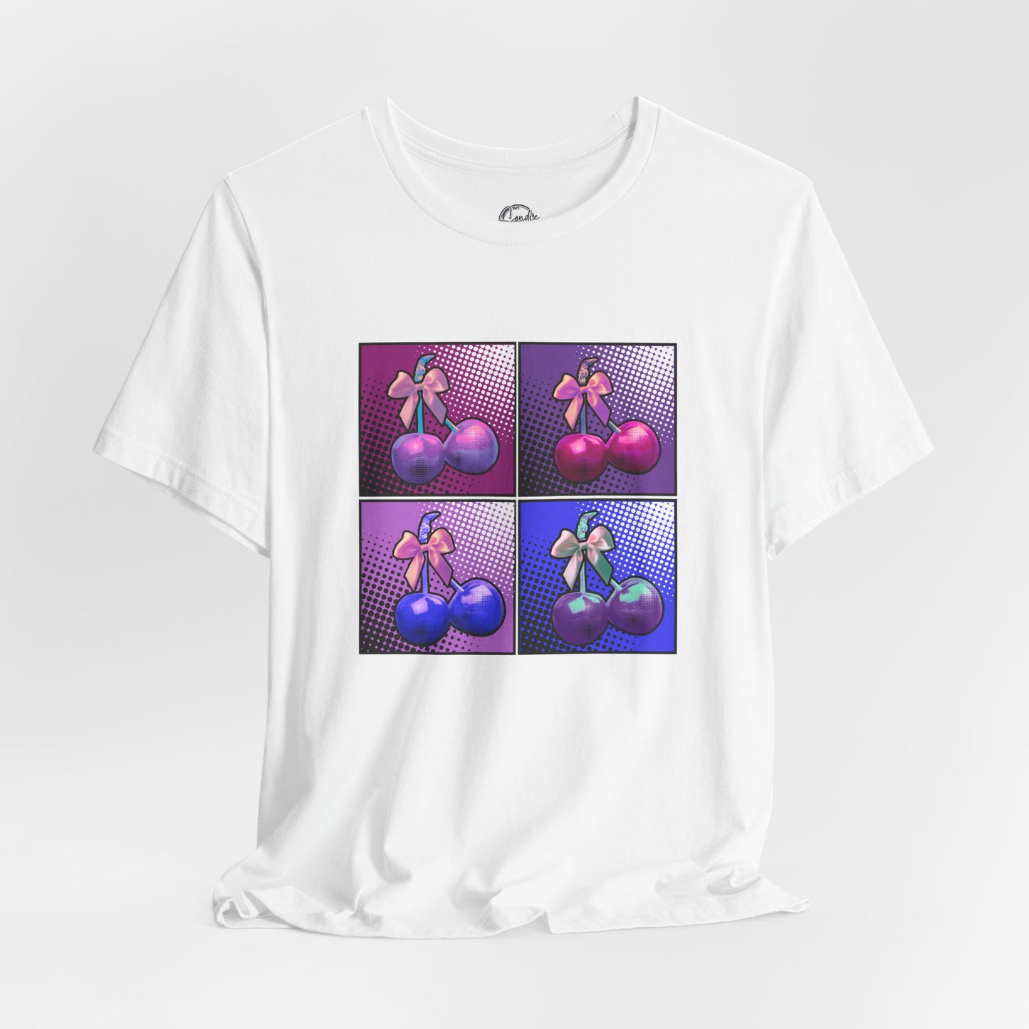 Cherry Bow Shirt, Pop Art Cherry Bow T-shirt, Cherry Tshirt with Bows, Tee in Pinks, Violets and Blues, Valentine's Shirt with Cherries/Bows