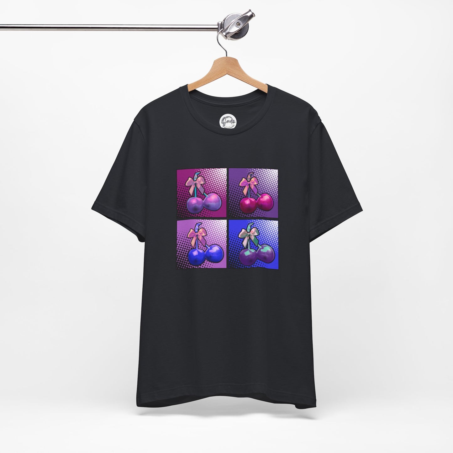 Cherry Bow Shirt, Pop Art Cherry Bow T-shirt, Cherry Tshirt with Bows, Tee in Pinks, Violets and Blues, Valentine's Shirt with Cherries/Bows
