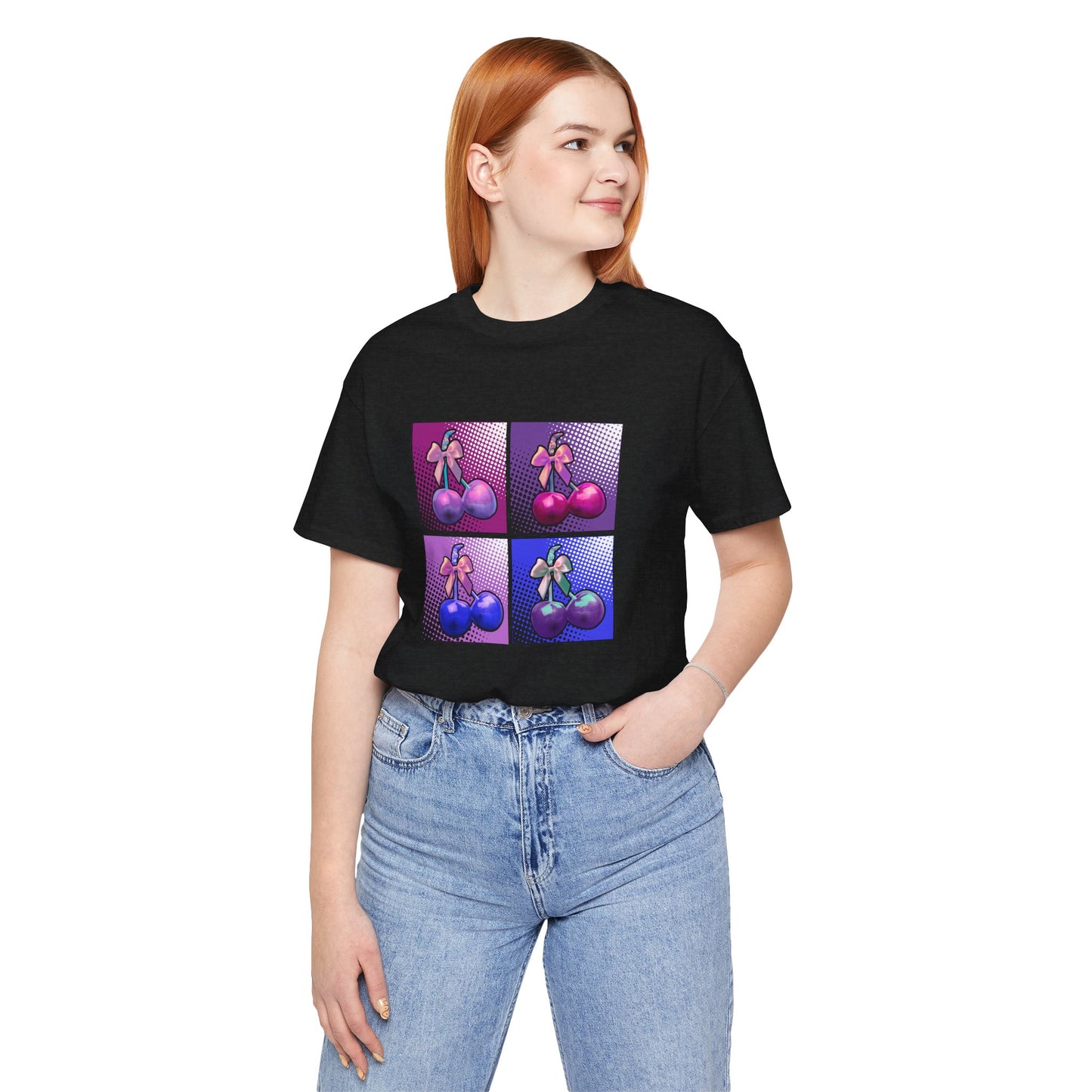 Cherry Bow Shirt, Pop Art Cherry Bow T-shirt, Cherry Tshirt with Bows, Tee in Pinks, Violets and Blues, Valentine's Shirt with Cherries/Bows