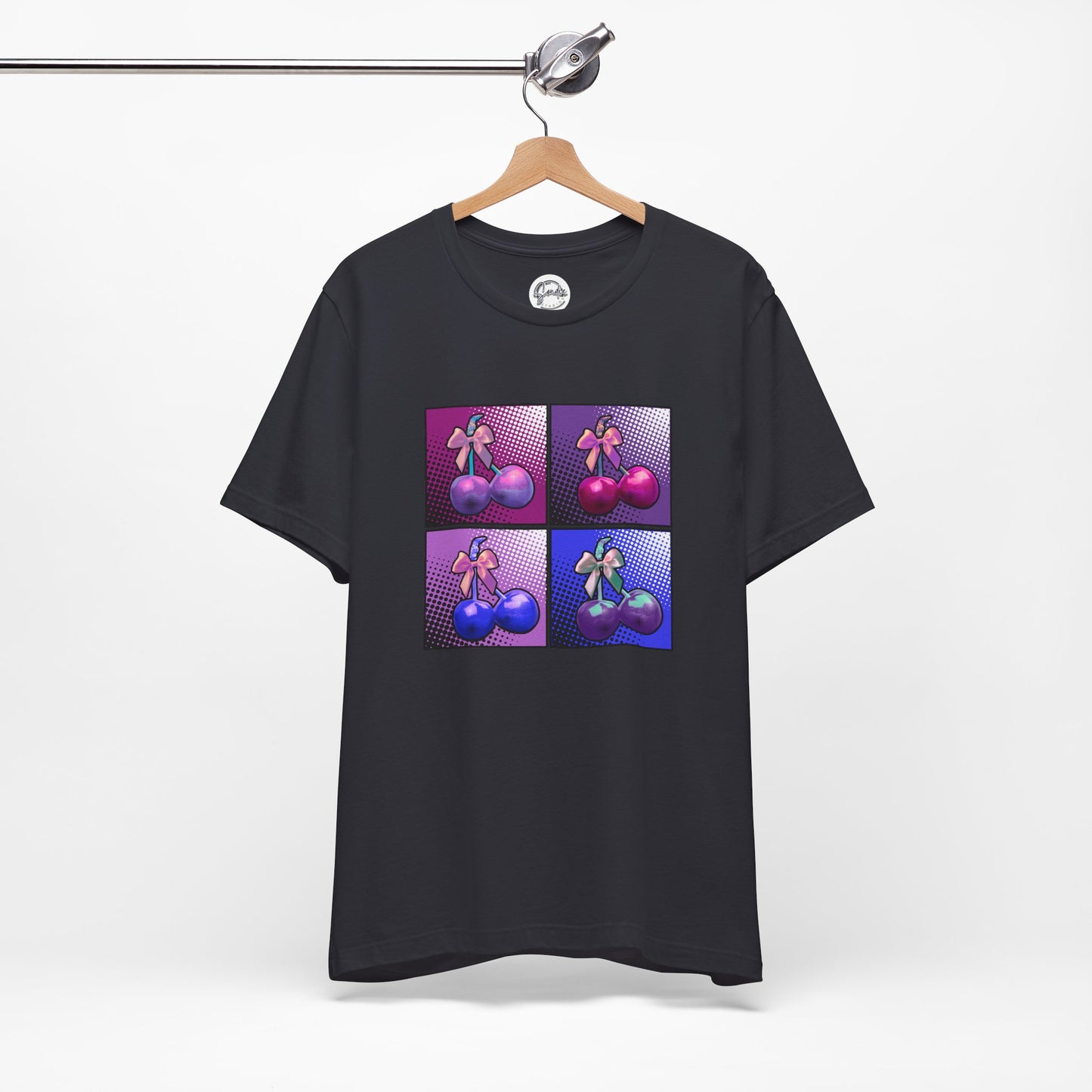 Cherry Bow Shirt, Pop Art Cherry Bow T-shirt, Cherry Tshirt with Bows, Tee in Pinks, Violets and Blues, Valentine's Shirt with Cherries/Bows