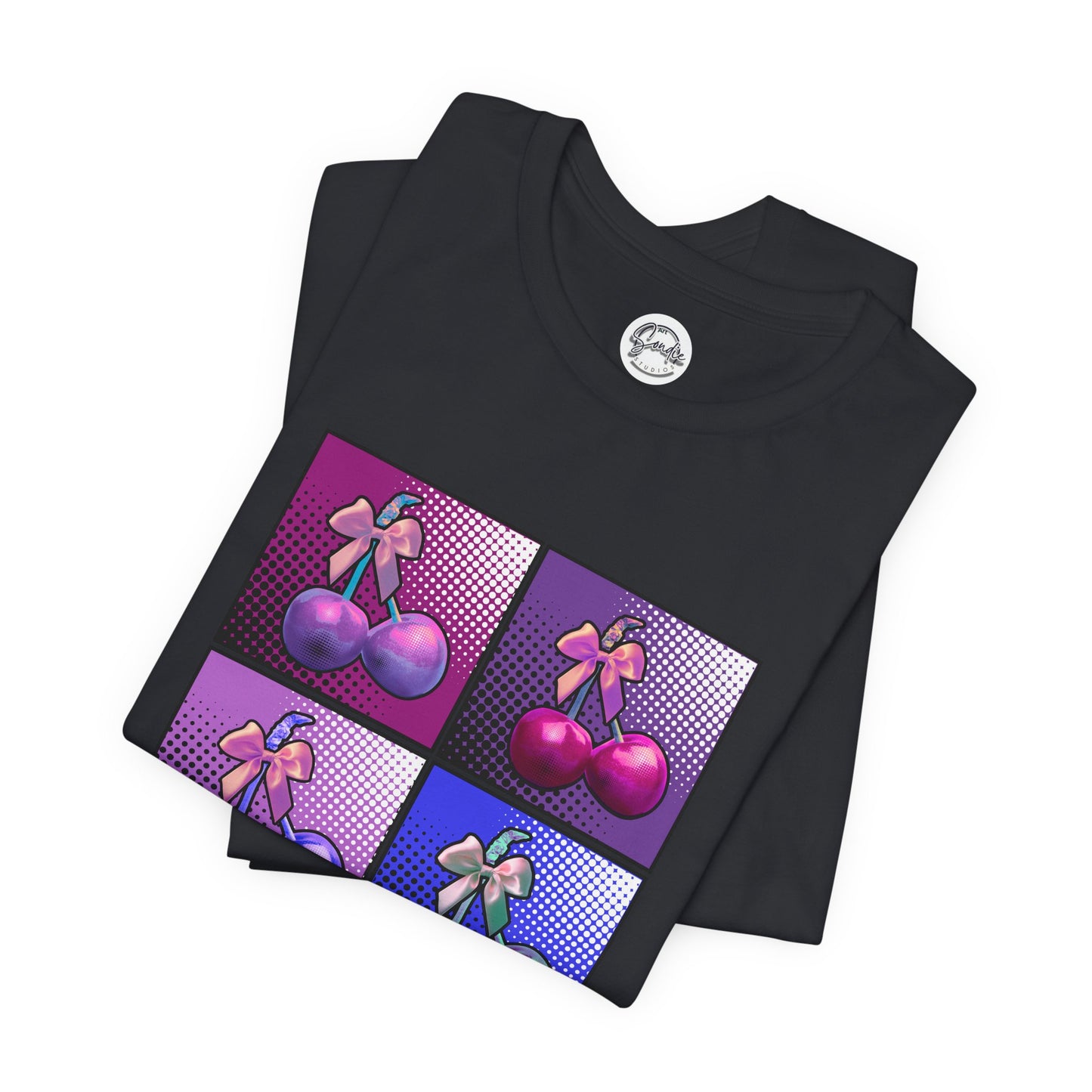 Cherry Bow Shirt, Pop Art Cherry Bow T-shirt, Cherry Tshirt with Bows, Tee in Pinks, Violets and Blues, Valentine's Shirt with Cherries/Bows