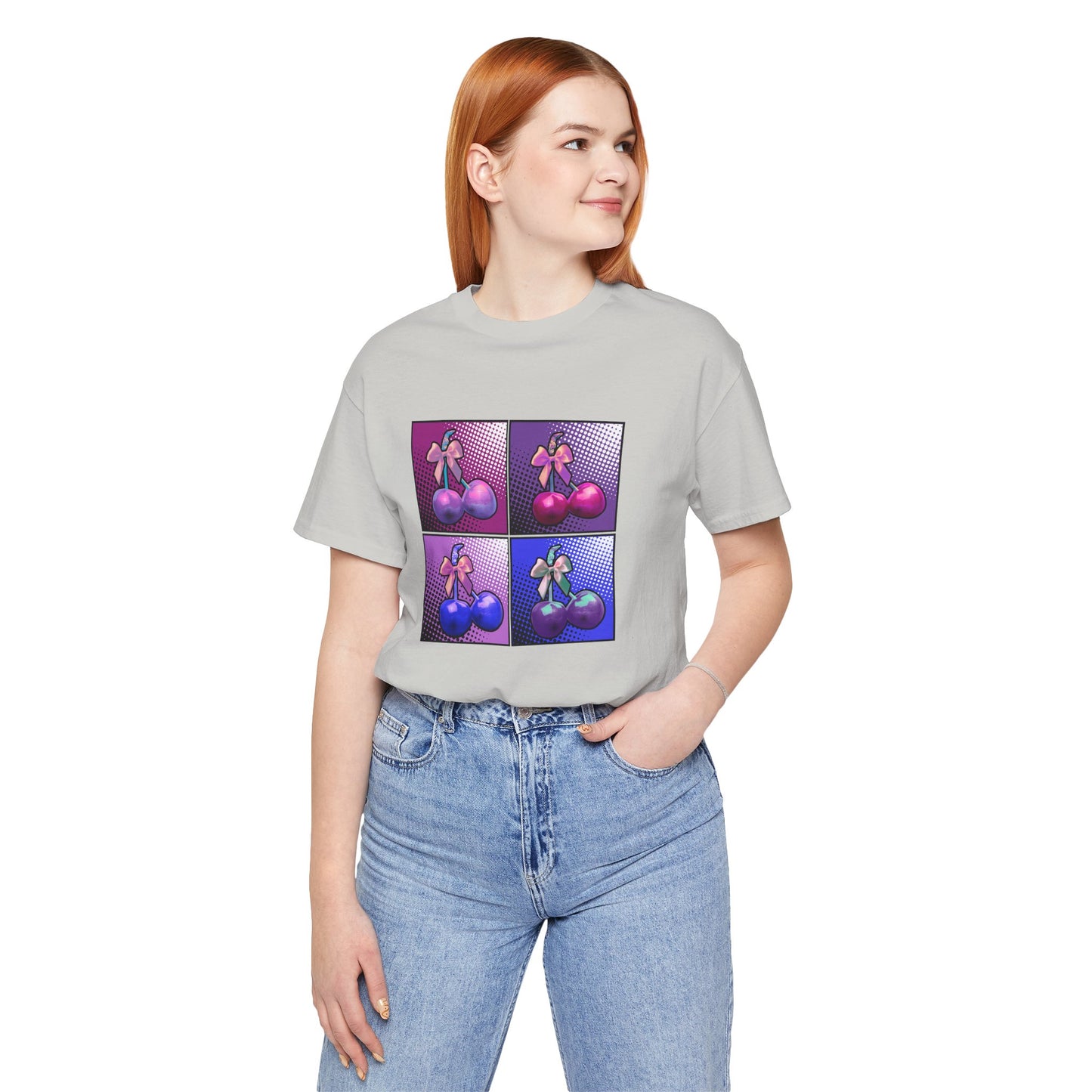 Cherry Bow Shirt, Pop Art Cherry Bow T-shirt, Cherry Tshirt with Bows, Tee in Pinks, Violets and Blues, Valentine's Shirt with Cherries/Bows