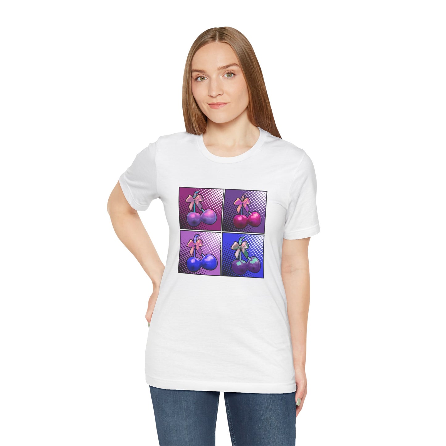 Cherry Bow Shirt, Pop Art Cherry Bow T-shirt, Cherry Tshirt with Bows, Tee in Pinks, Violets and Blues, Valentine's Shirt with Cherries/Bows