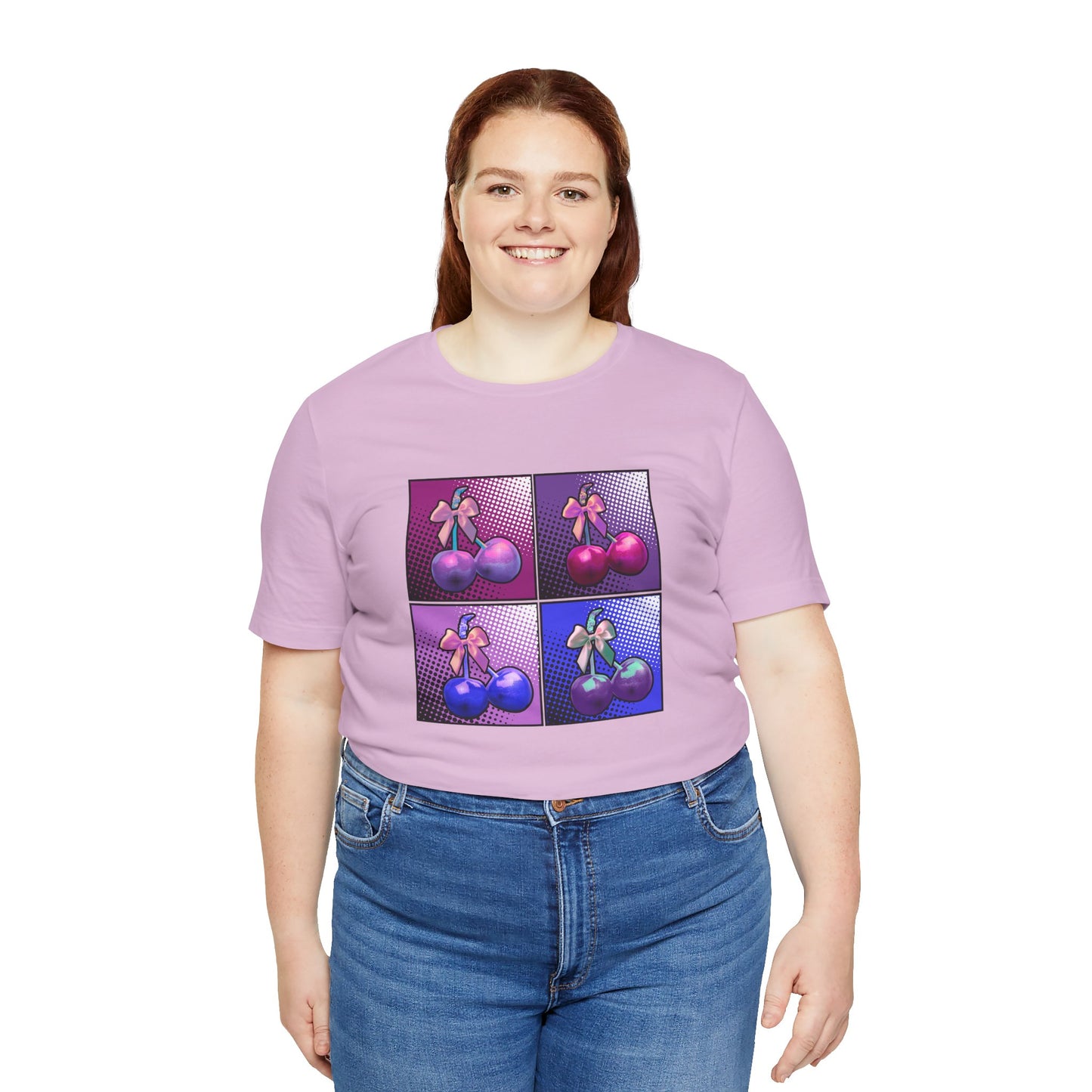 Cherry Bow Shirt, Pop Art Cherry Bow T-shirt, Cherry Tshirt with Bows, Tee in Pinks, Violets and Blues, Valentine's Shirt with Cherries/Bows
